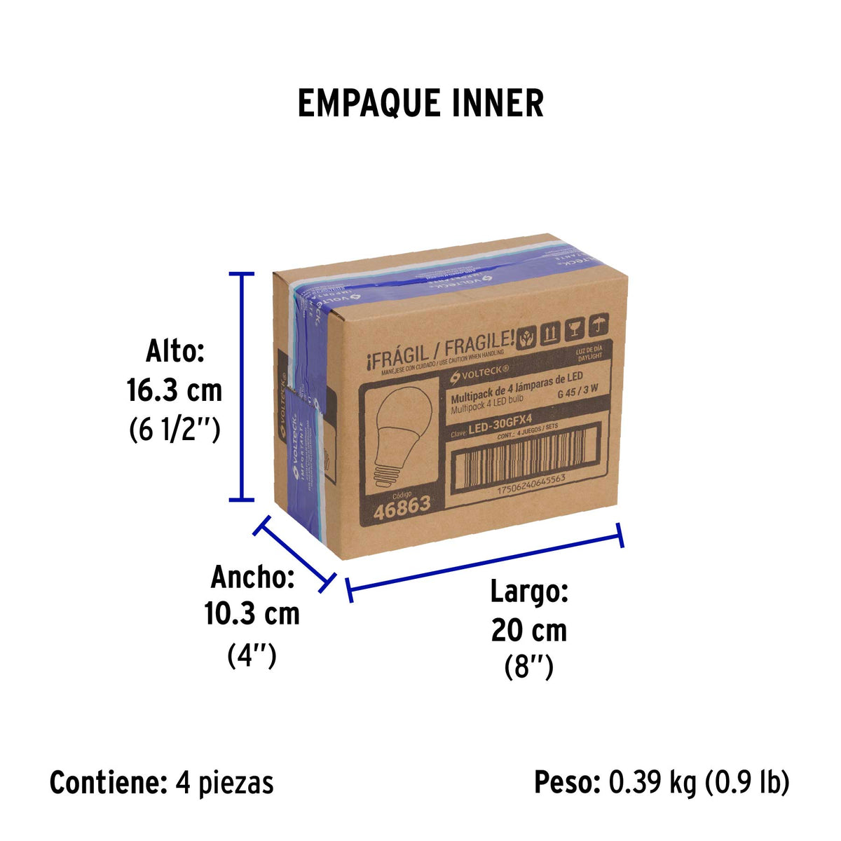 Lámpara de LED, A19, 3W, E27, luz de día, 4 piezas en caja
