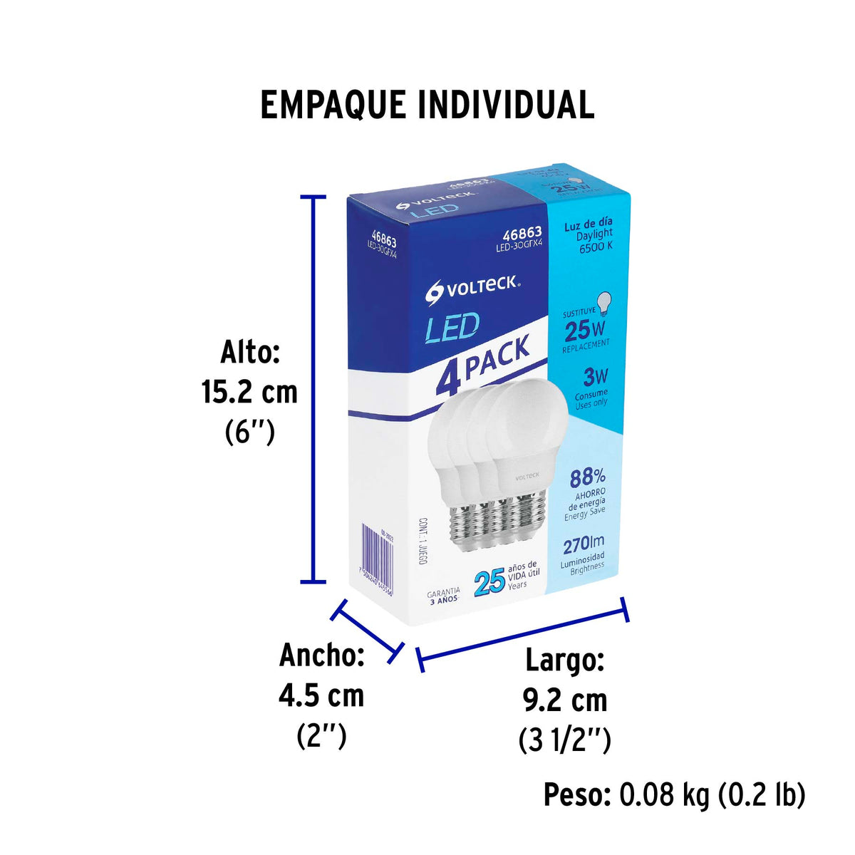 Lámpara de LED, A19, 3W, E27, luz de día, 4 piezas en caja