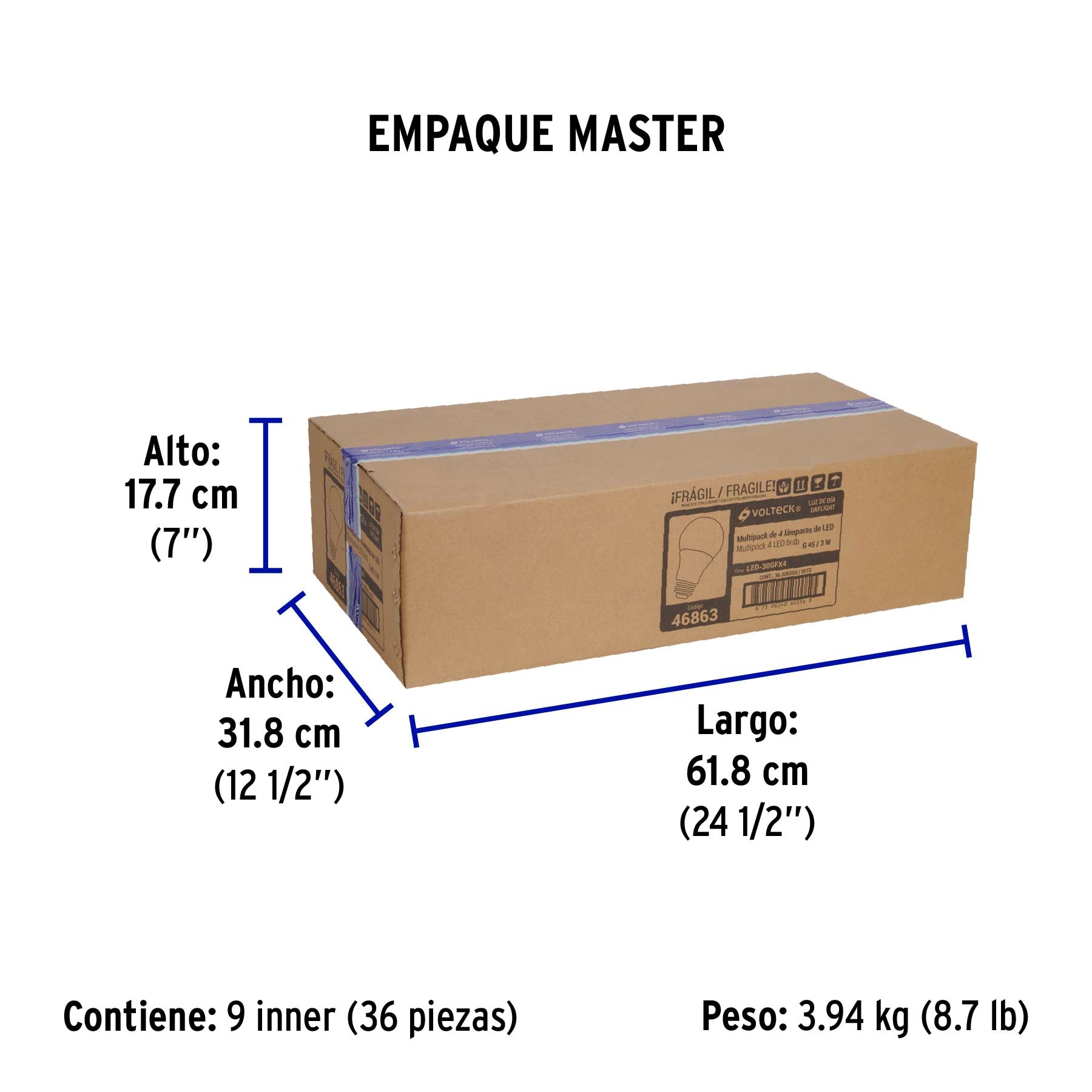 Lámpara de LED, A19, 3W, E27, luz de día, 4 piezas en caja