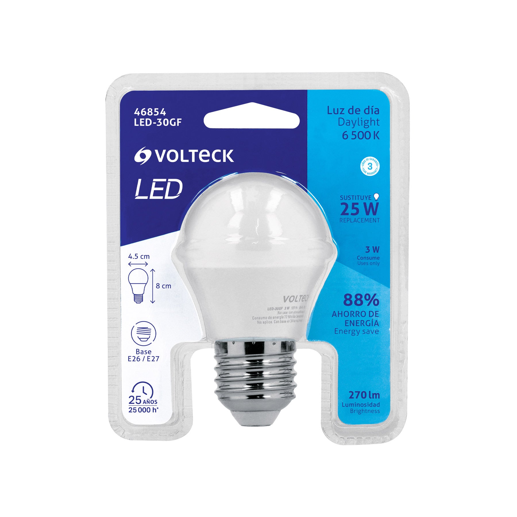 Lámpara de LED, A19, 3 W, luz de día