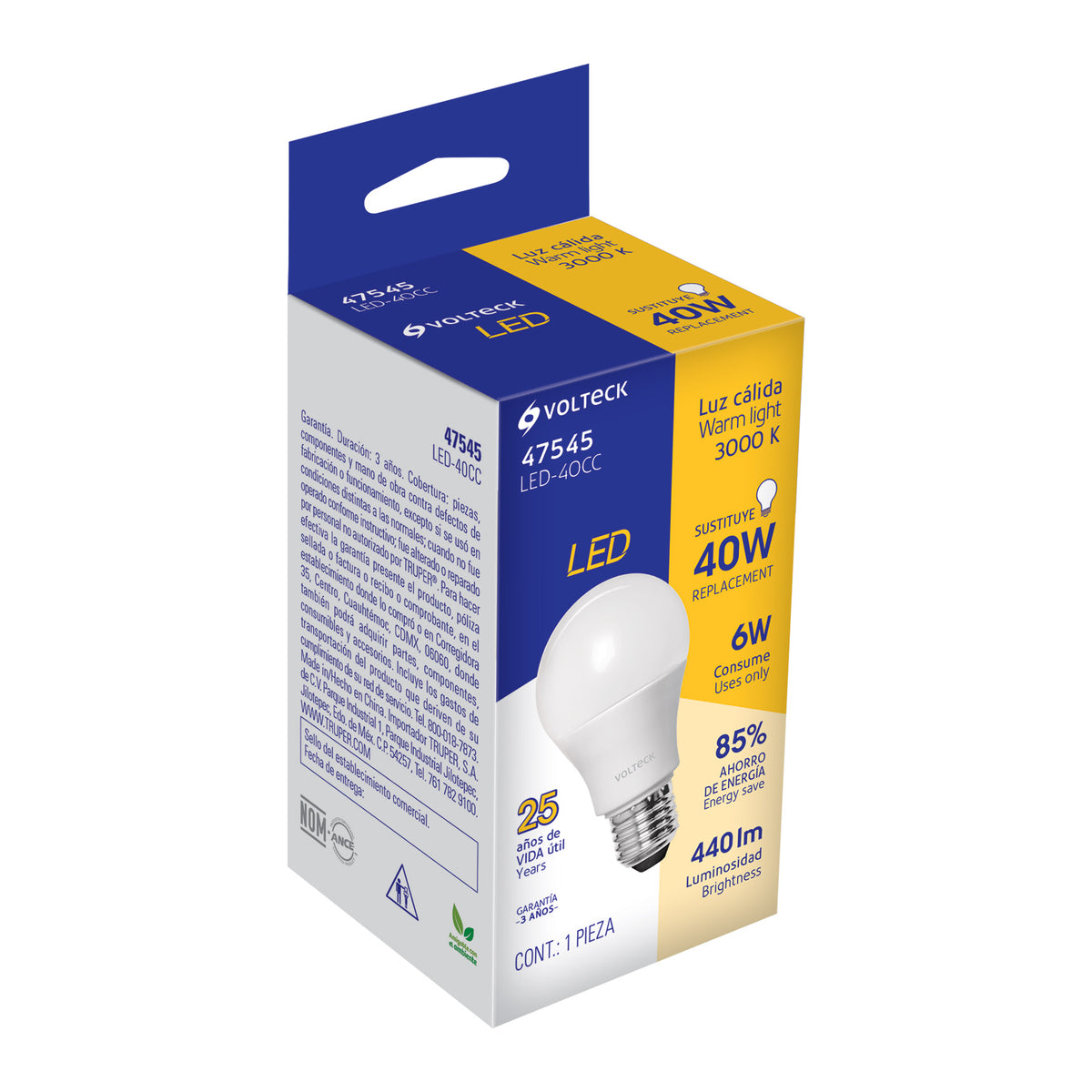 Lámpara LED tipo bulbo A19 6 W luz cálida, caja, Volteck