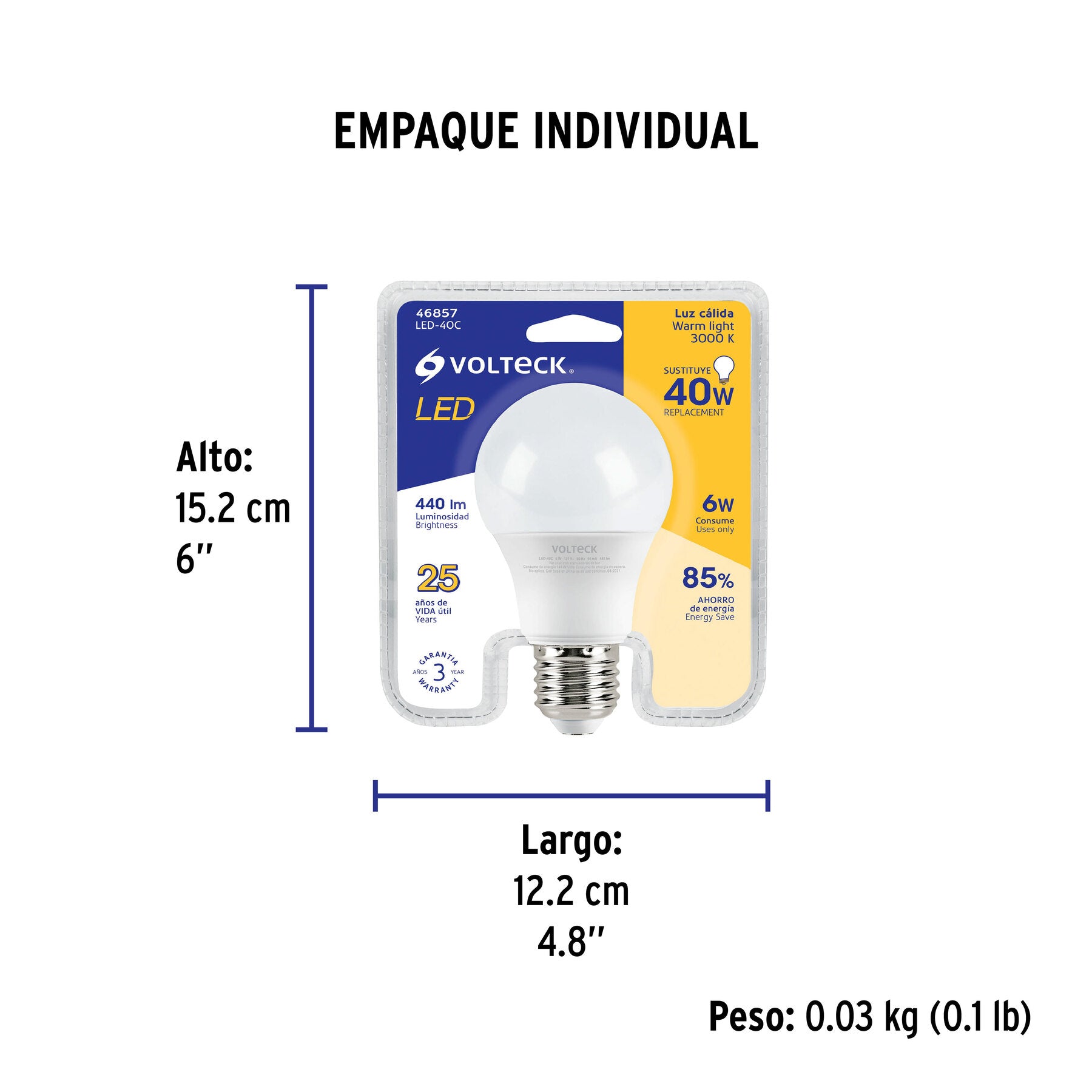 Lámpara de LED, A19, 6 W, luz cálida