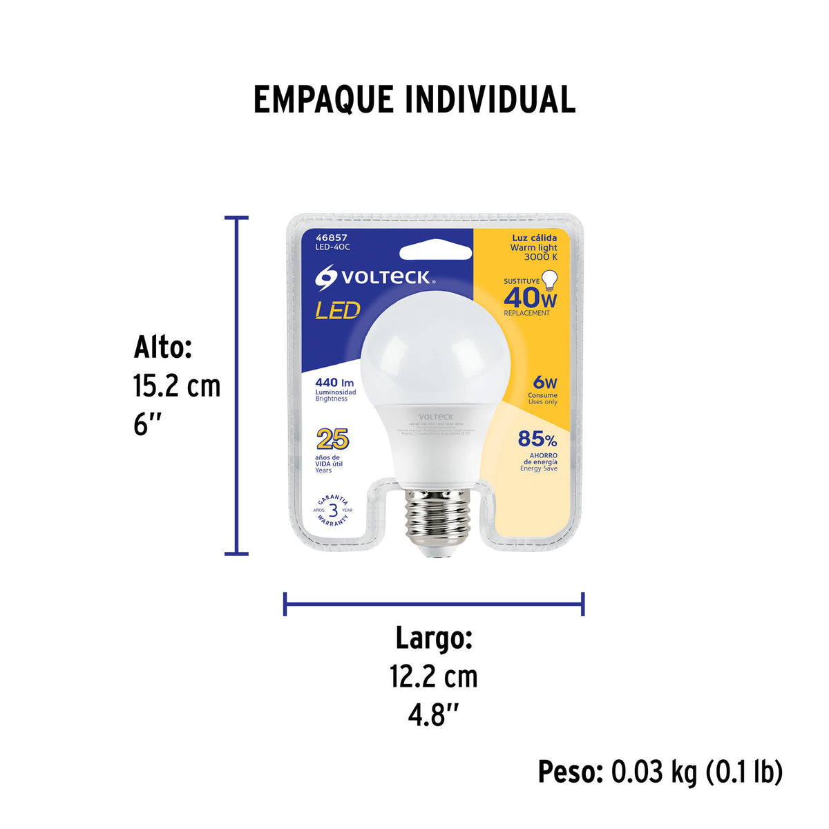 Lámpara de LED, A19, 6 W, luz cálida
