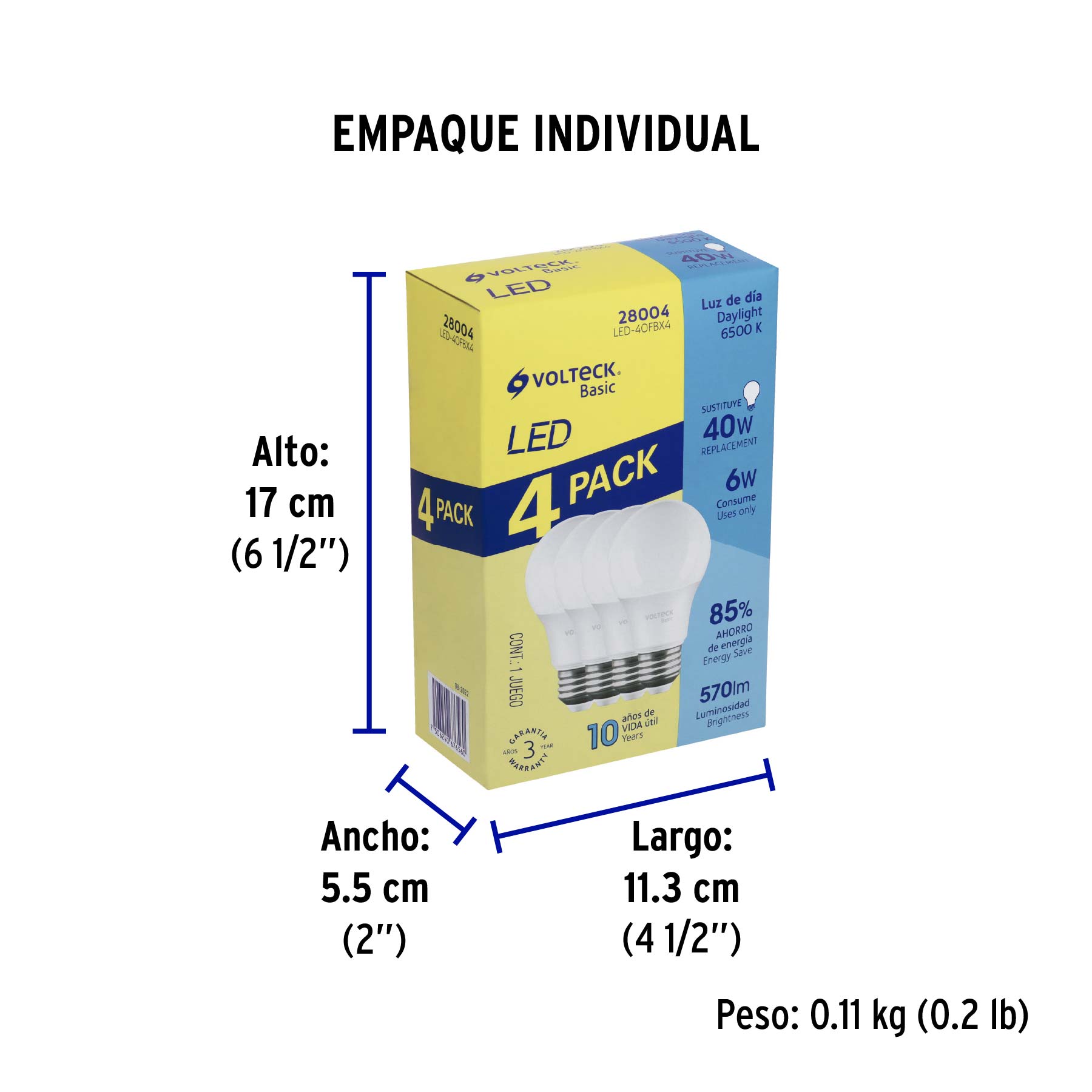 Lámpara LED,A19,6W,luz de día,Volteck Basic, 4 pzas en caja