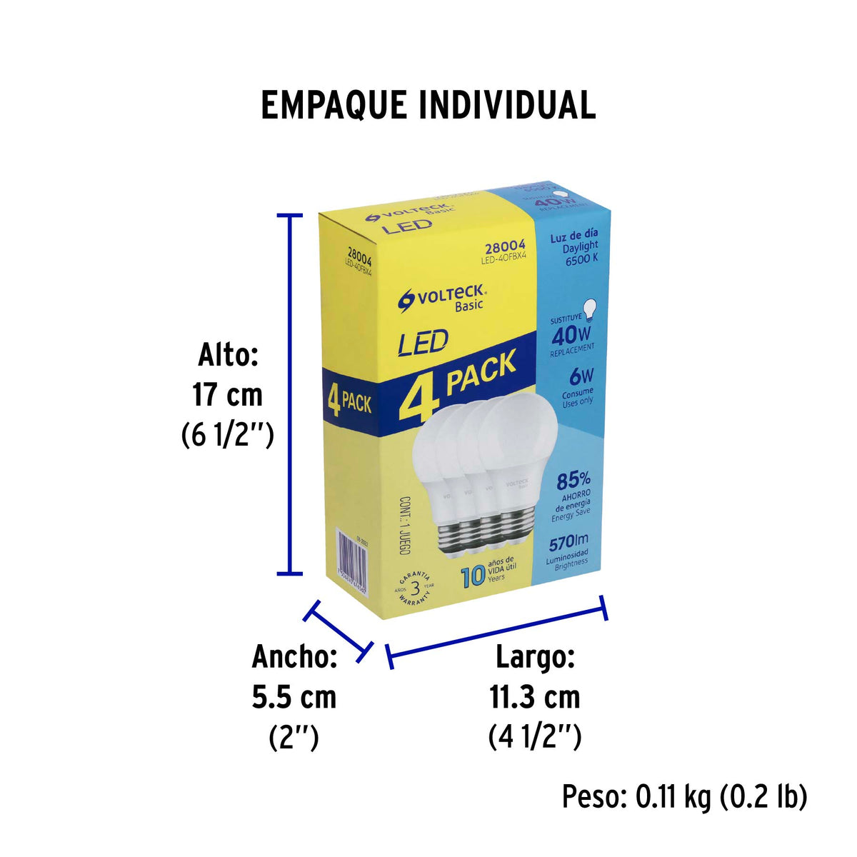 Lámpara LED,A19,6W,luz de día,Volteck Basic, 4 pzas en caja