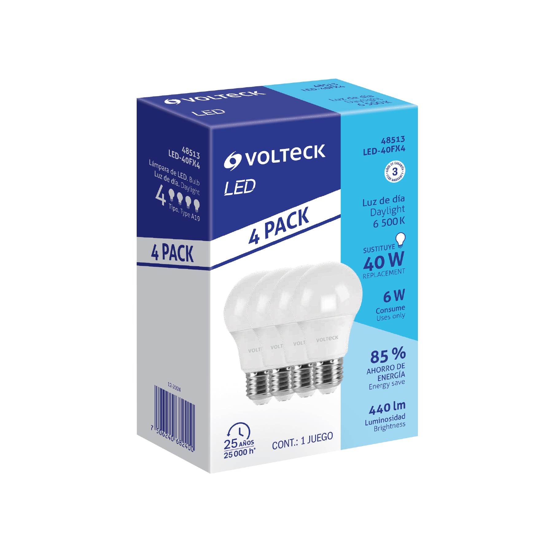 Lámpara de LED 6W luz de día, A19, E27, 4 piezas en caja