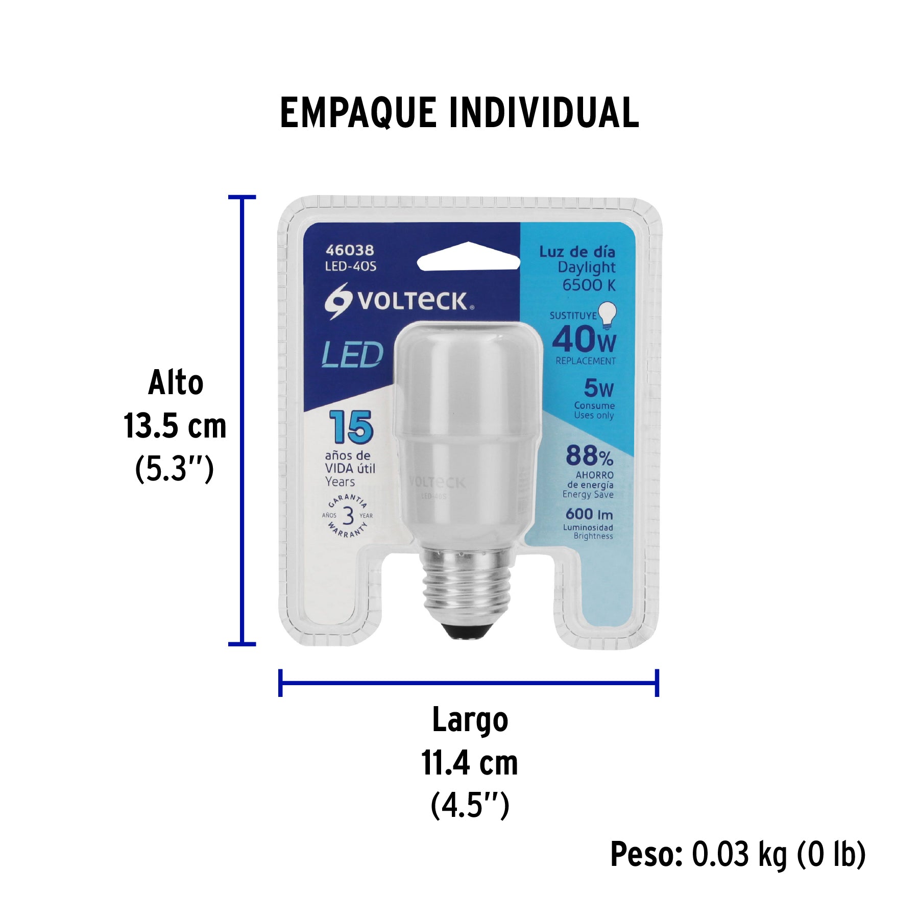 Foco de Led, tipo barra, A19, 5W, luz de día