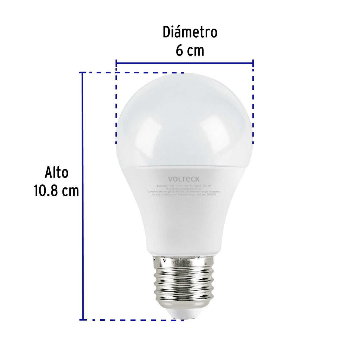 Lámpara LED tipo bulbo A19 9 W luz cálida, caja, Volteck