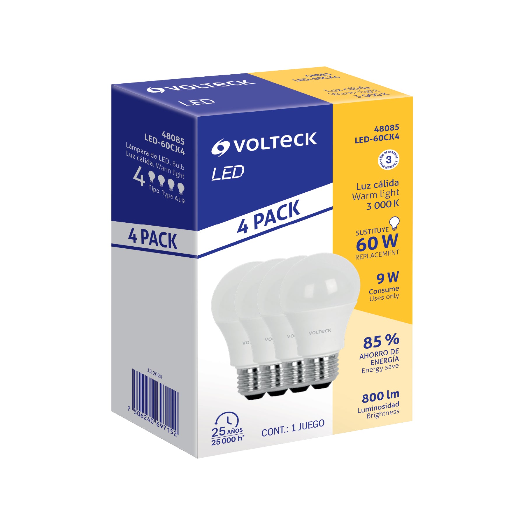 Pack de 4 lámparas de LED, A19, 9 W, luz cálida, Volteck