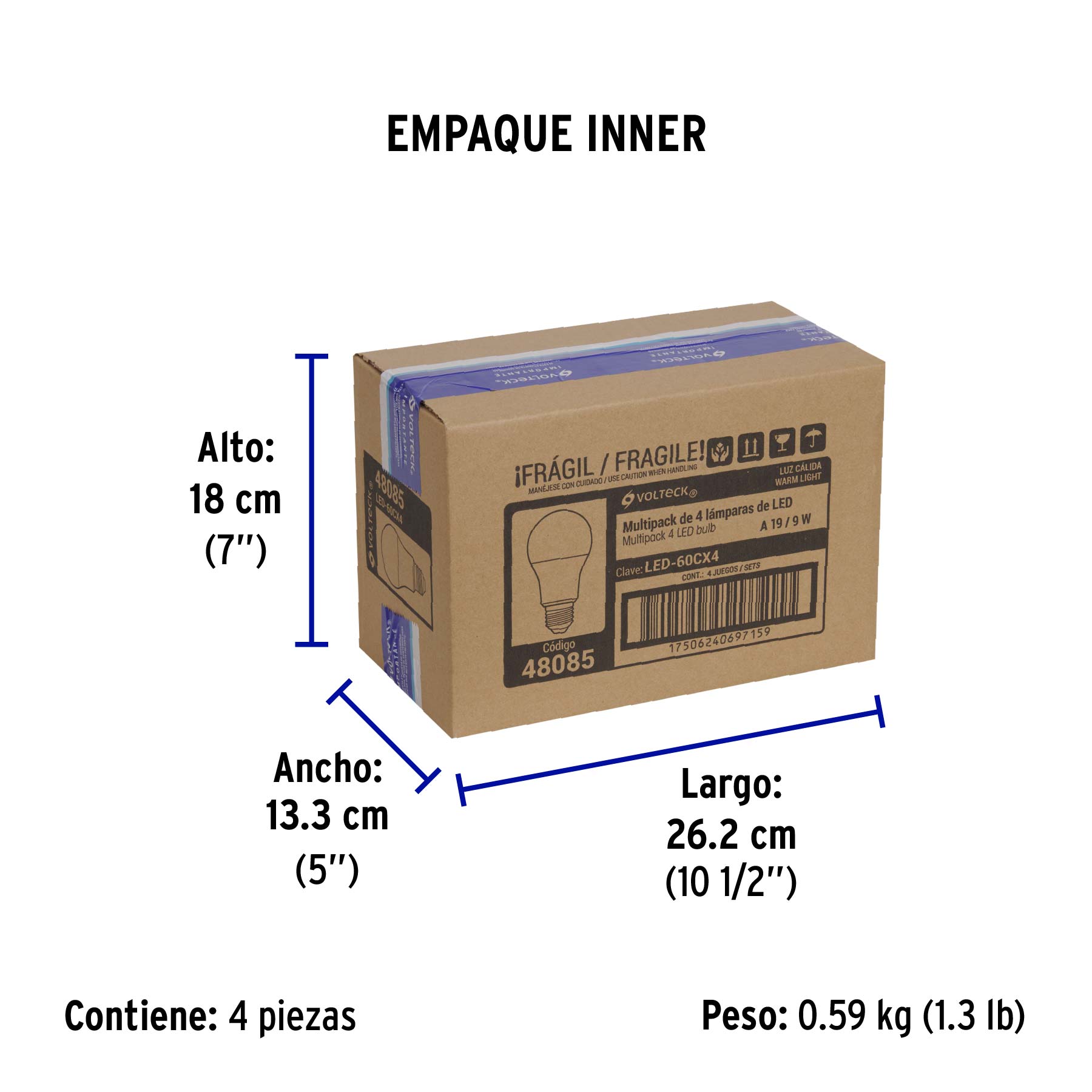 Pack de 4 lámparas de LED, A19, 9 W, luz cálida, Volteck