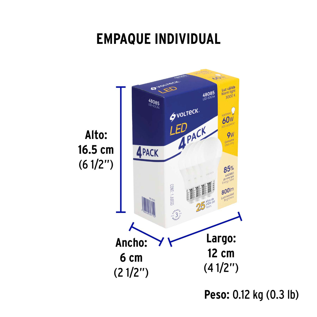Pack de 4 lámparas de LED, A19, 9 W, luz cálida, Volteck