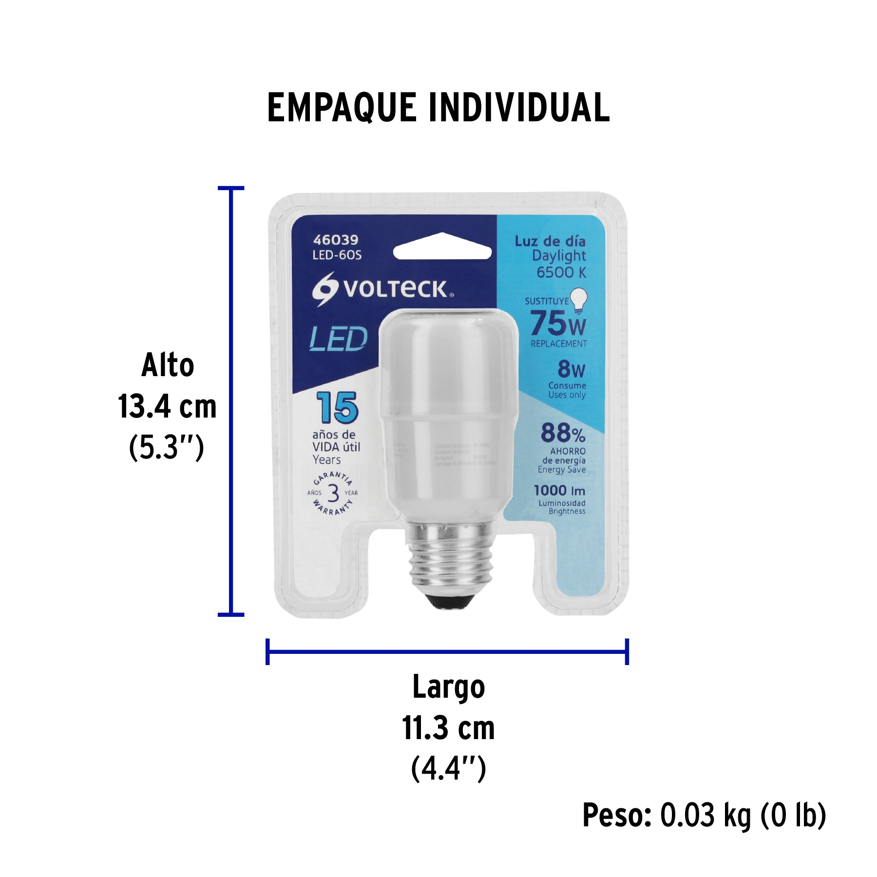 Foco de Led, tipo barra, A19, 8W, luz de día