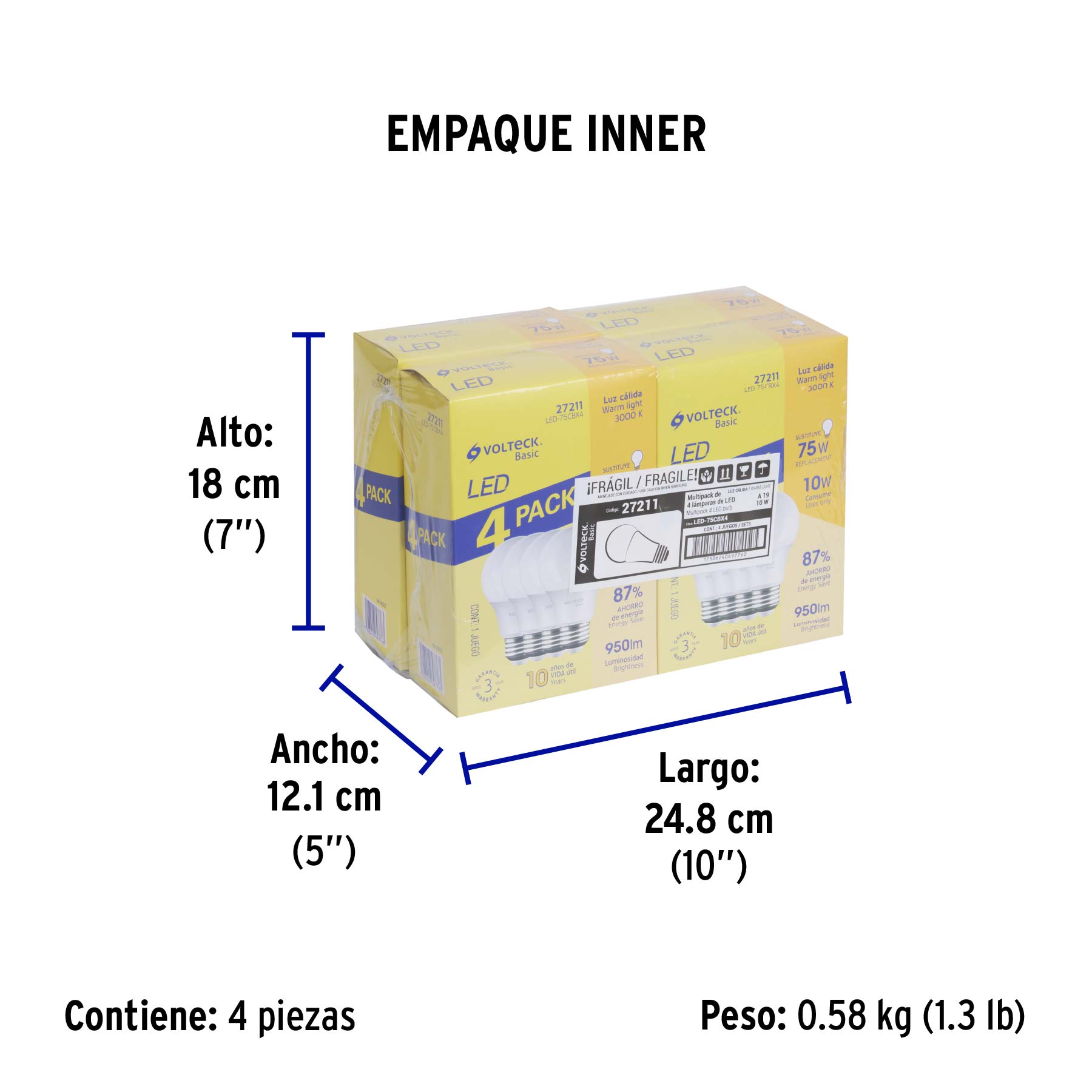Pack de 4 lámparas de LED A19 10 W, luz cálida, caja, Basic