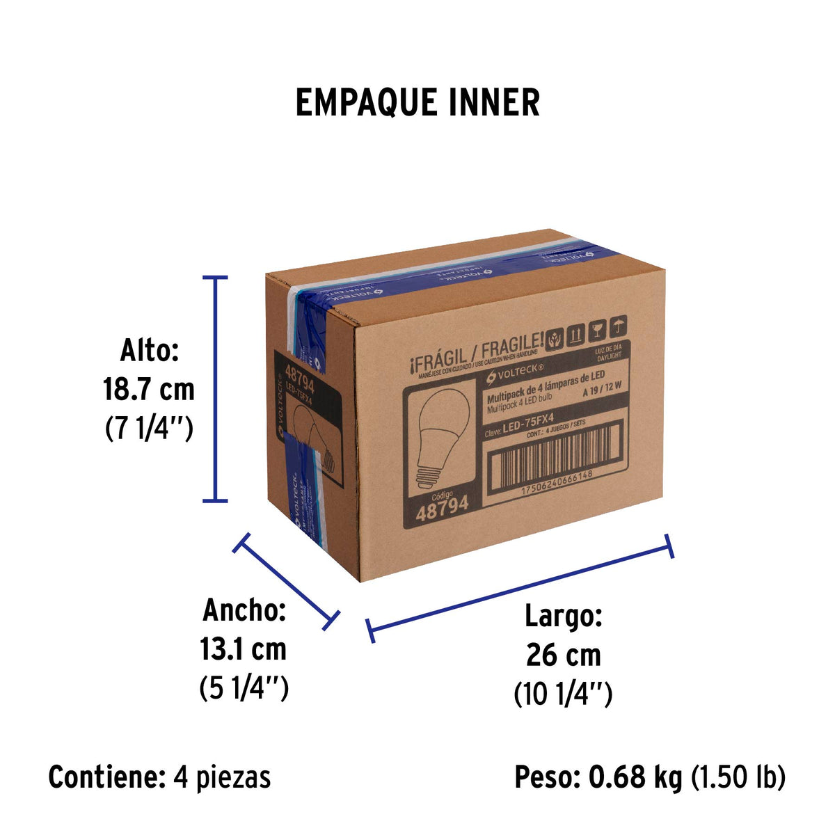 Foco de LED tipo bulbo, A19, 12 W, luz de día, 4 pzas caja