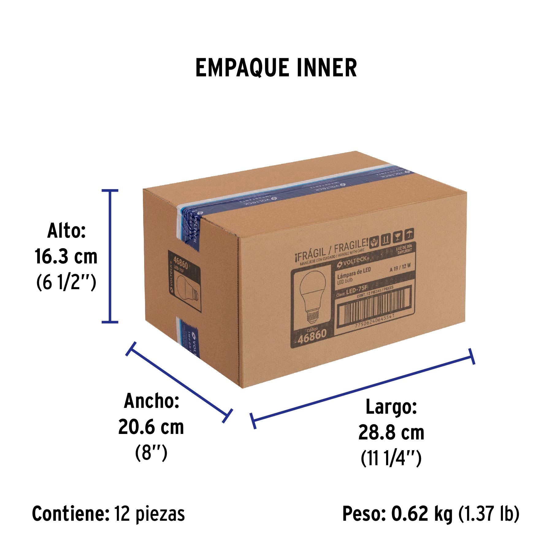 Lámpara de LED, A19, 12 W, luz de día