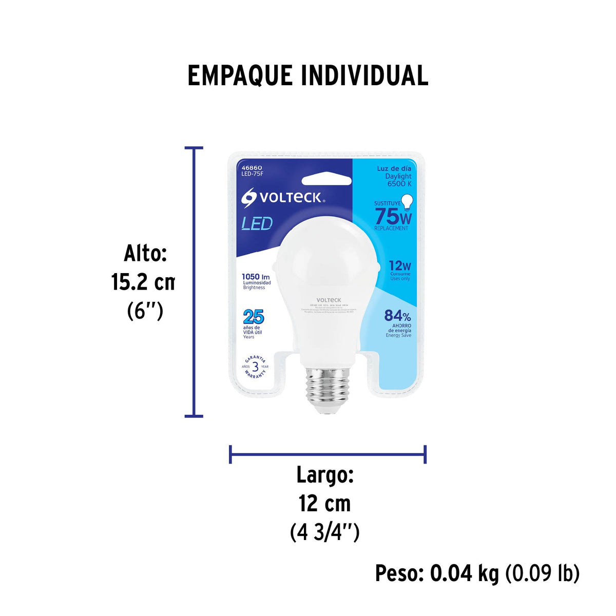 Lámpara de LED, A19, 12 W, luz de día