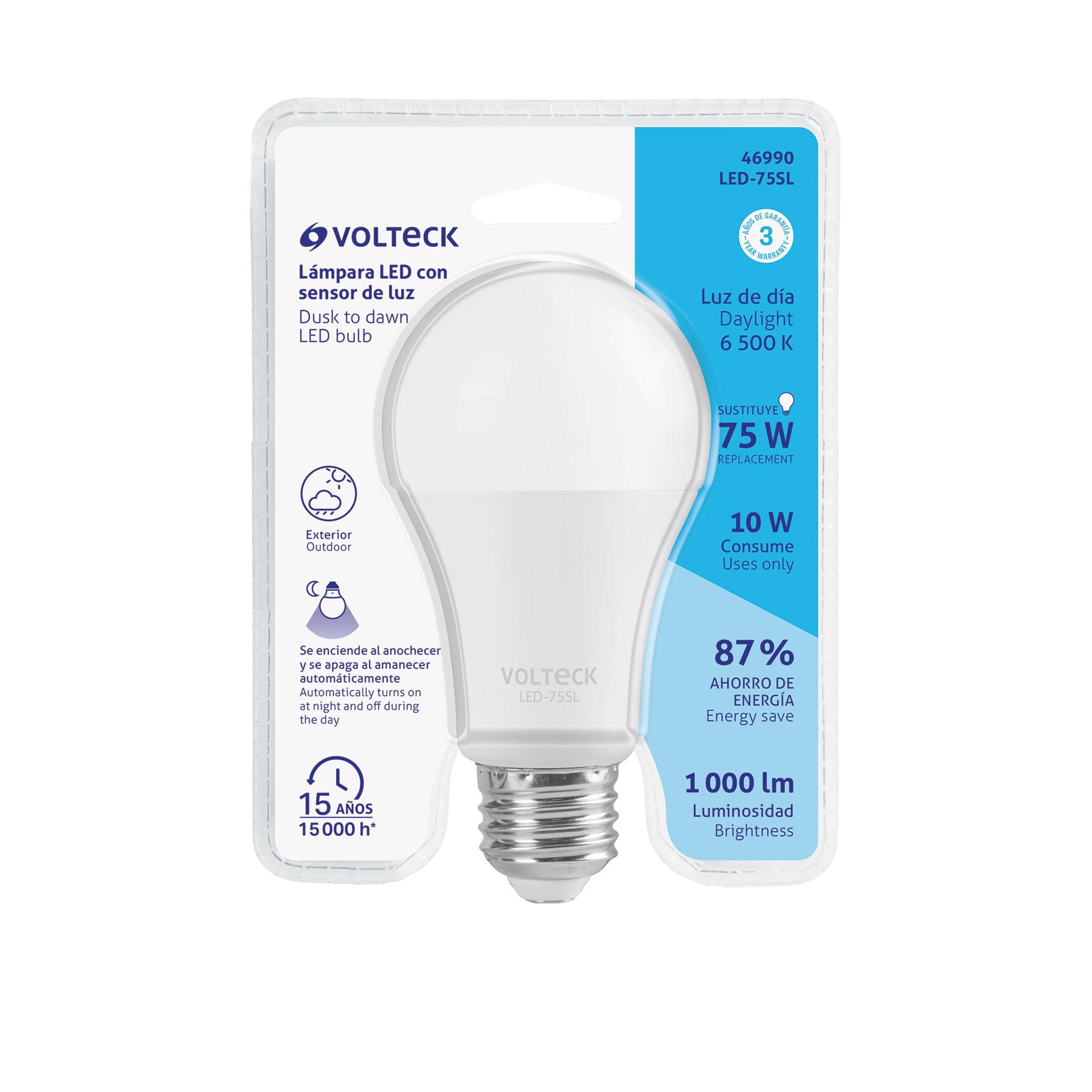 Lámpara LED tipo bulbo A19 10 W con sensor de luz, Volteck
