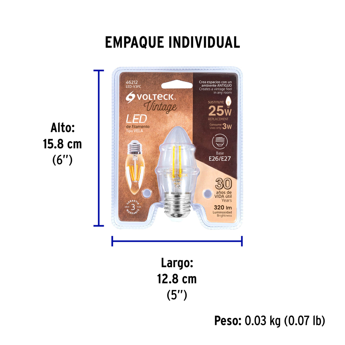 Lámpara de LED, estilo antiguo, vela, 3 W, E26, luz cálida