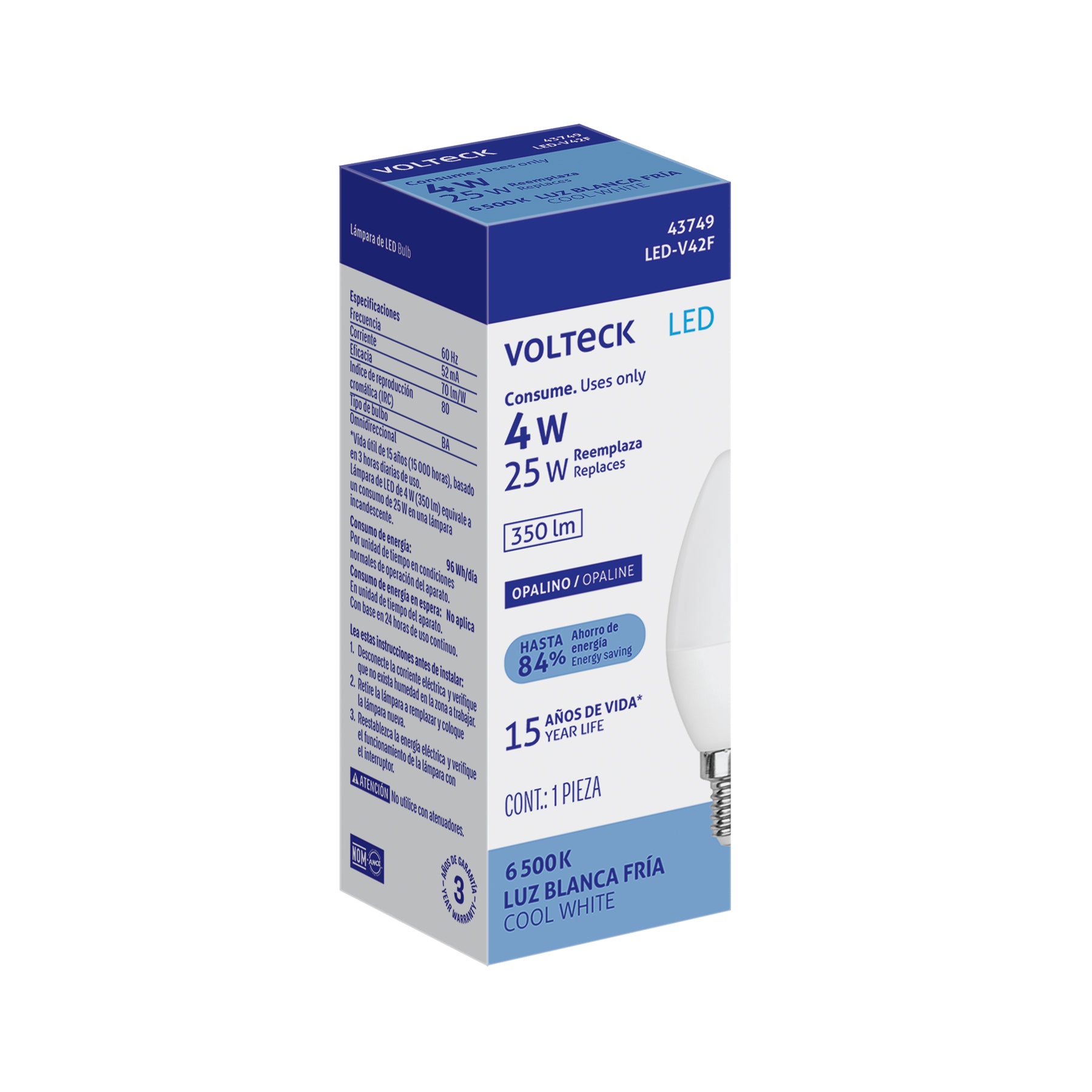 Foco LED tipo vela 4W (25W), luz blanca brillante 6500K, E12