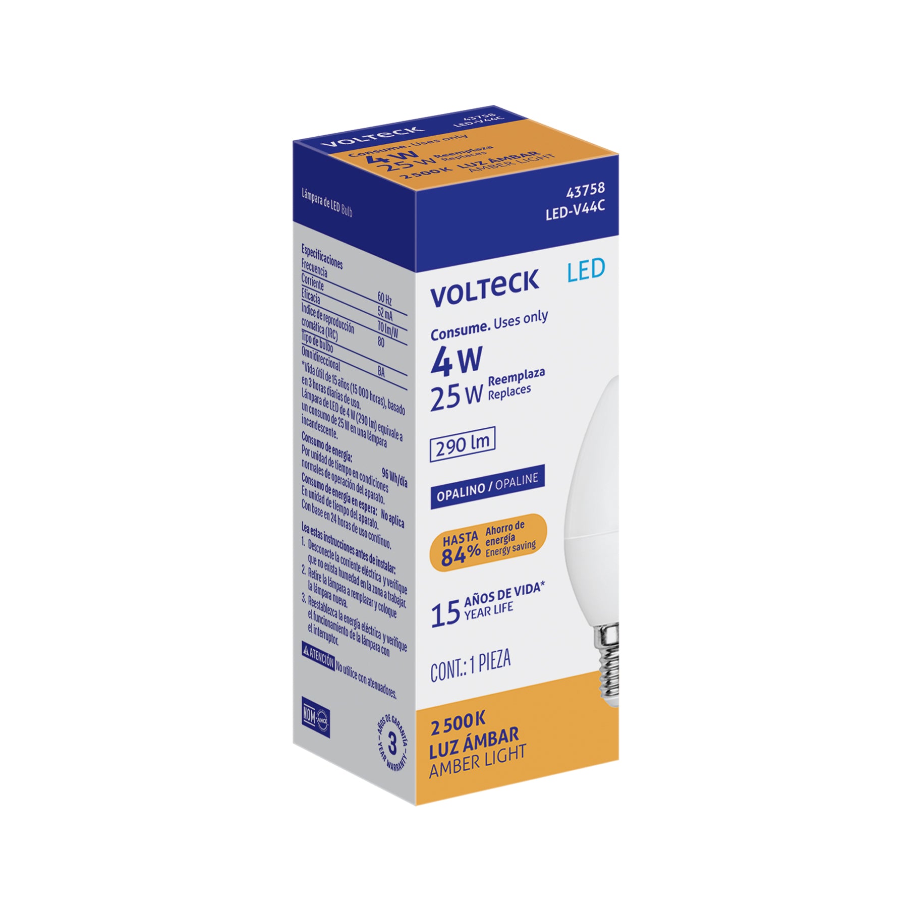 Foco LED tipo vela 4W (25W) 2400K luz ámbar, E14, VOLTECK