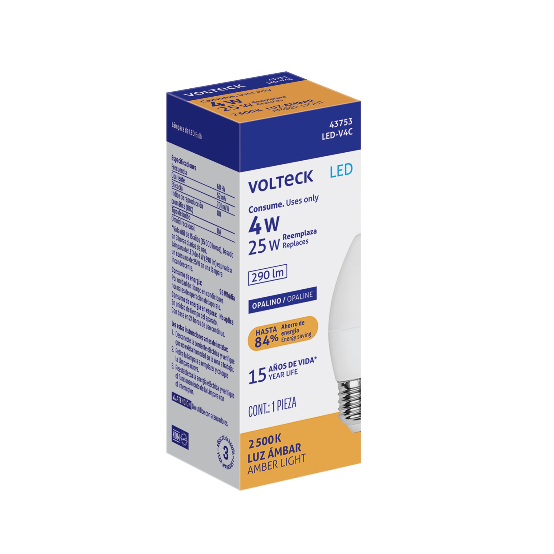 Foco LED tipo vela 4W (25W) 2400K luz ámbar, E27, VOLTECK