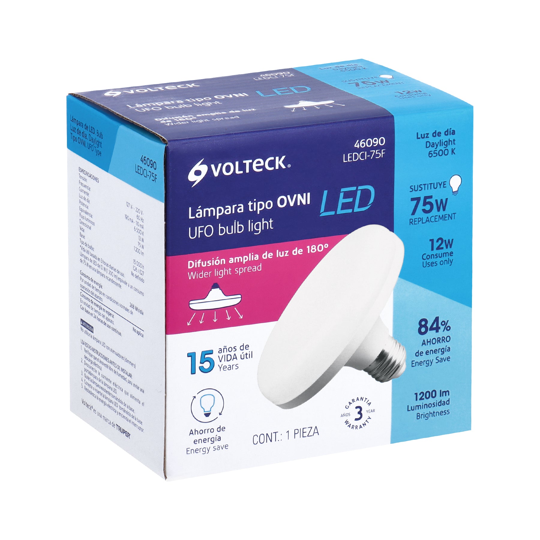 Lámpara circular de LED, A19, 12 W, luz de día