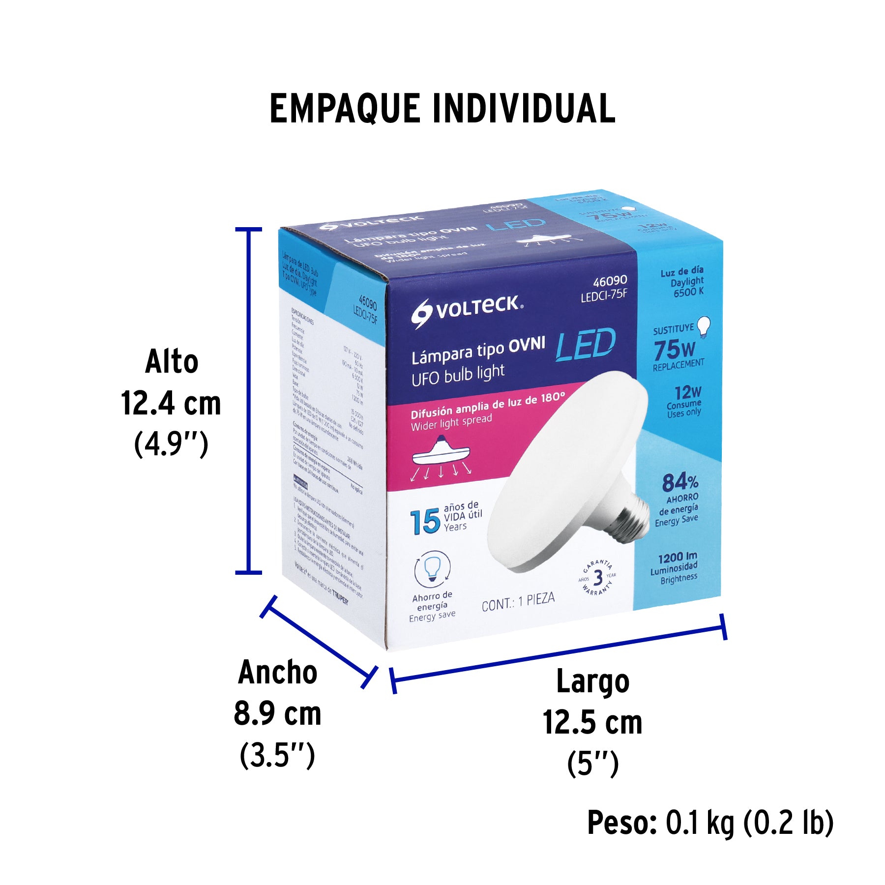 Lámpara circular de LED, A19, 12 W, luz de día