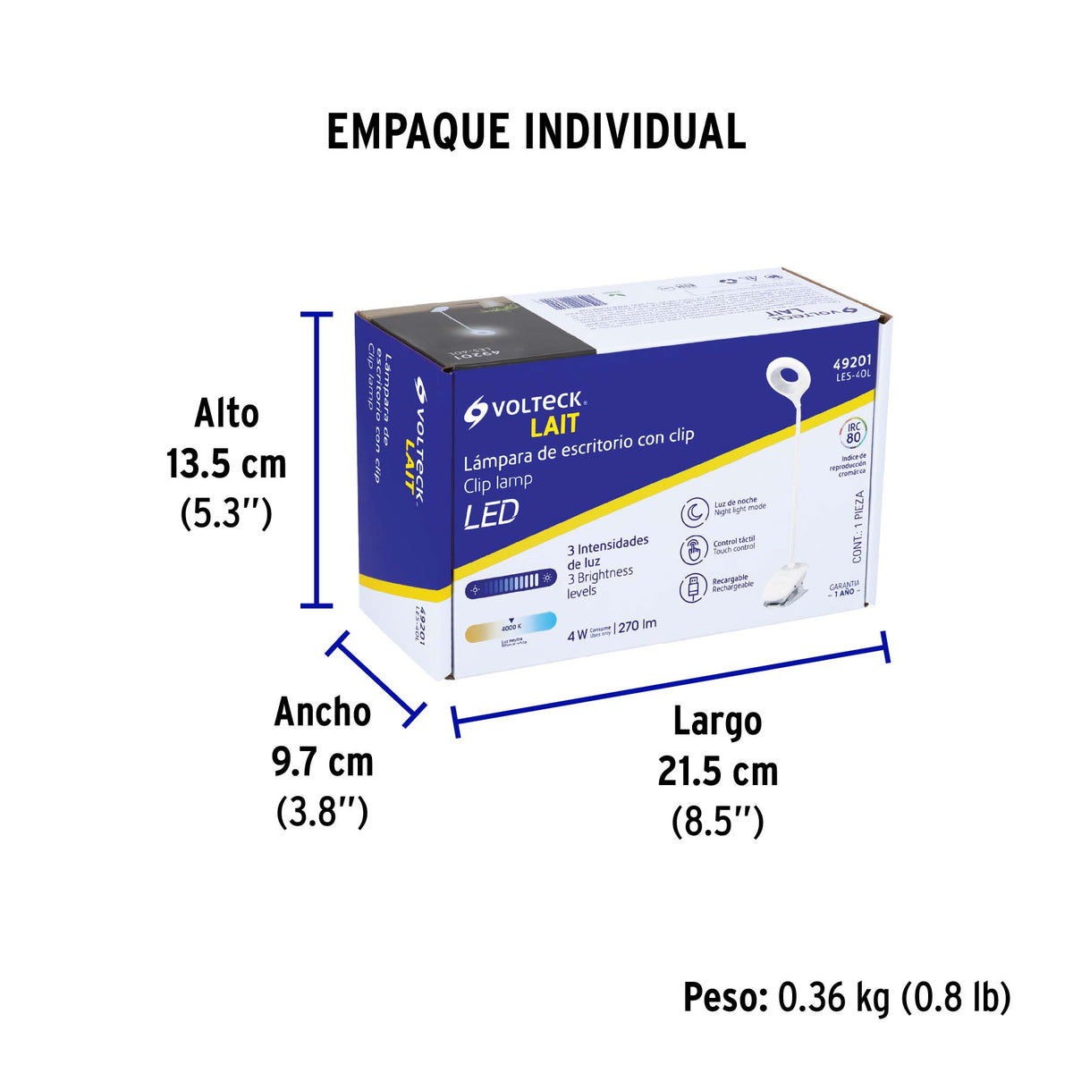 Lámpara escritorio LED 4 W recargable c/clip, 3 intensidades