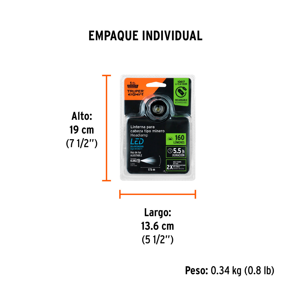 Linterna para cabeza de1 Led, 60 lúmenes, recargable