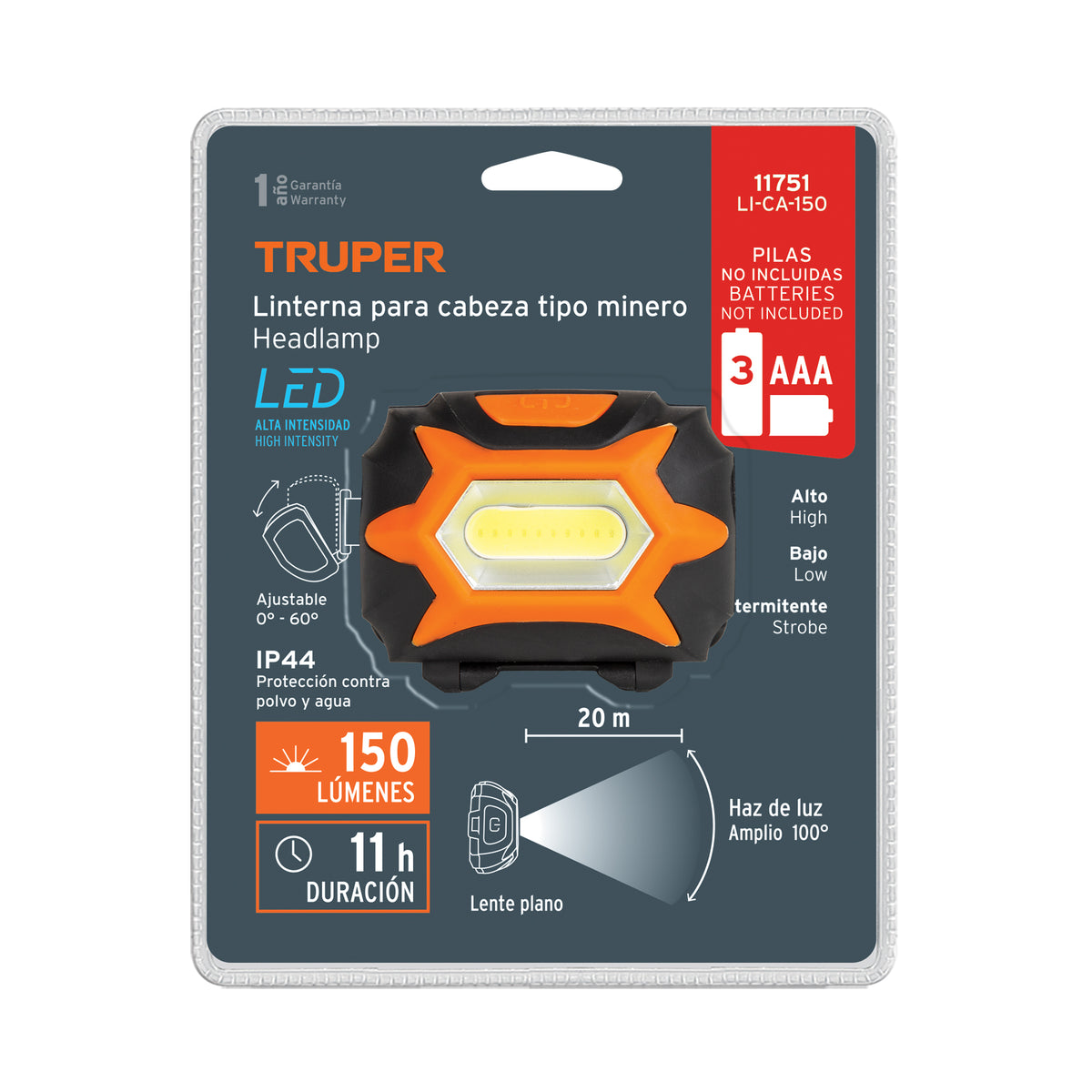 Linterna de cabeza, 150 lúmenes, 1 LED