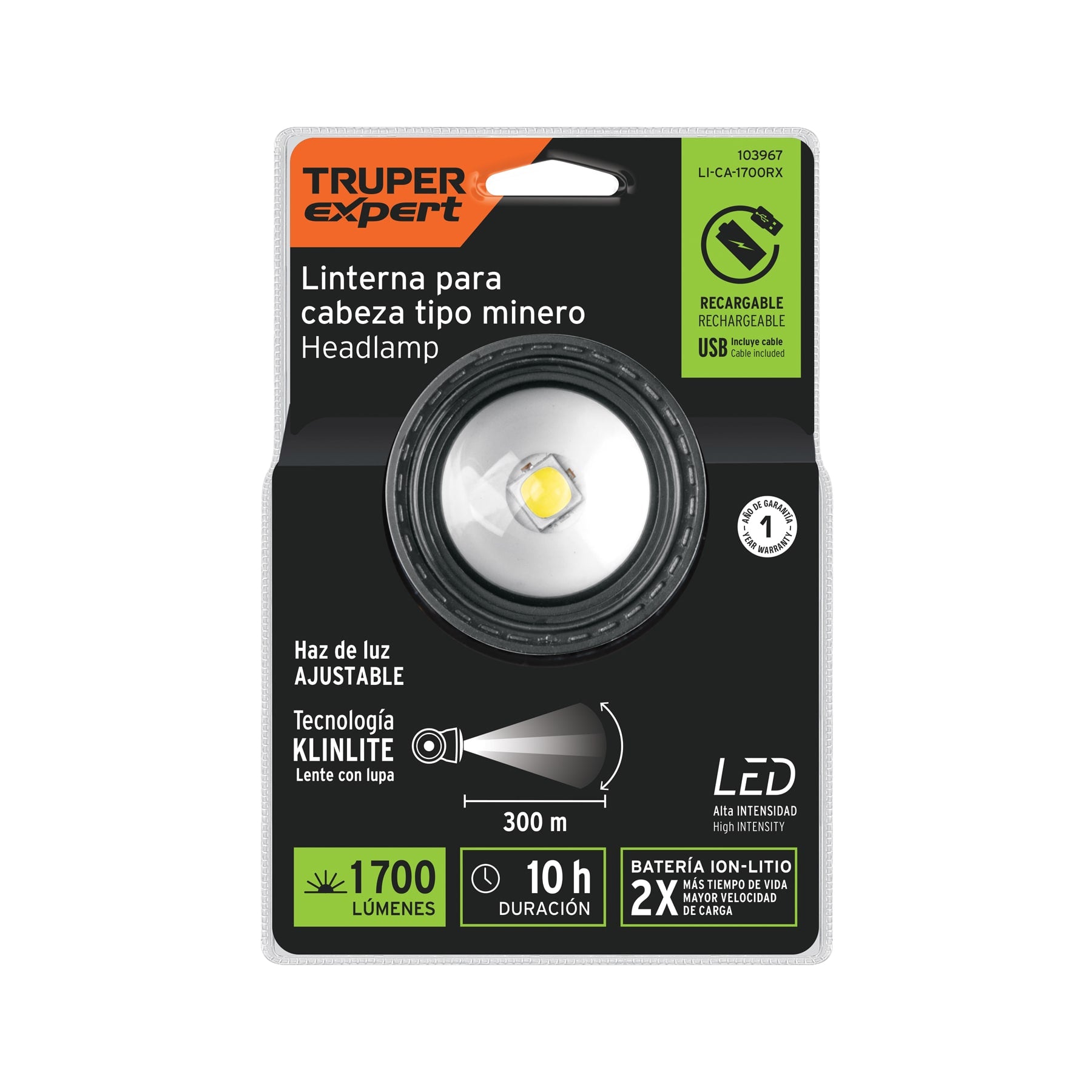 Linterna de minero LED 1700 lm, recargable, TRUPER EXPERT