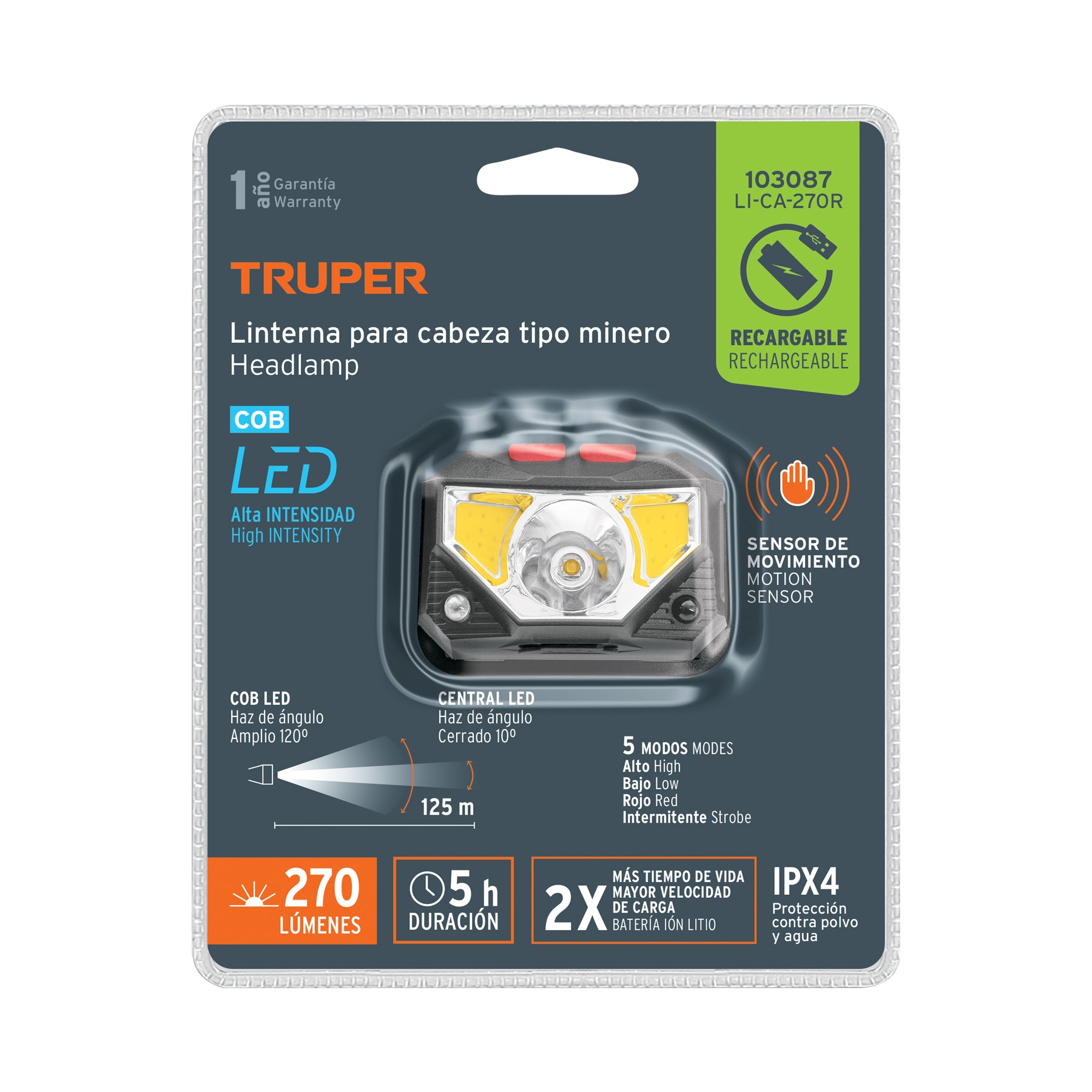 Linterna de minero 270 lm recargable, Truper