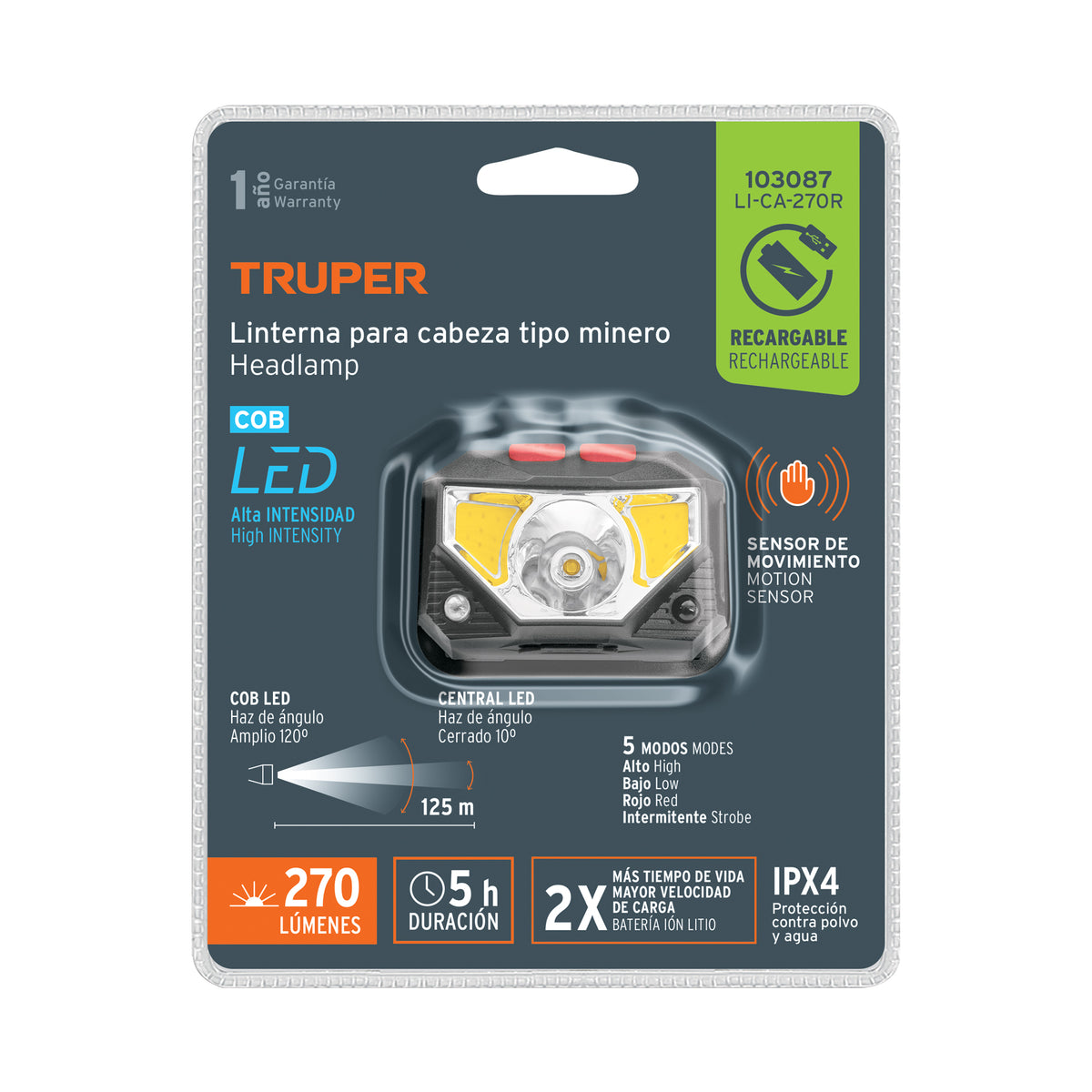 Linterna de minero 270 lm recargable, Truper
