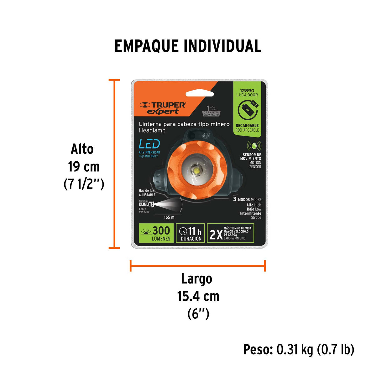Linterna cabeza, 290lm,recargable,Expert