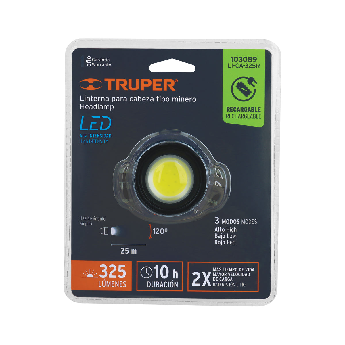 Linterna de minero 325 lm recargable, Truper