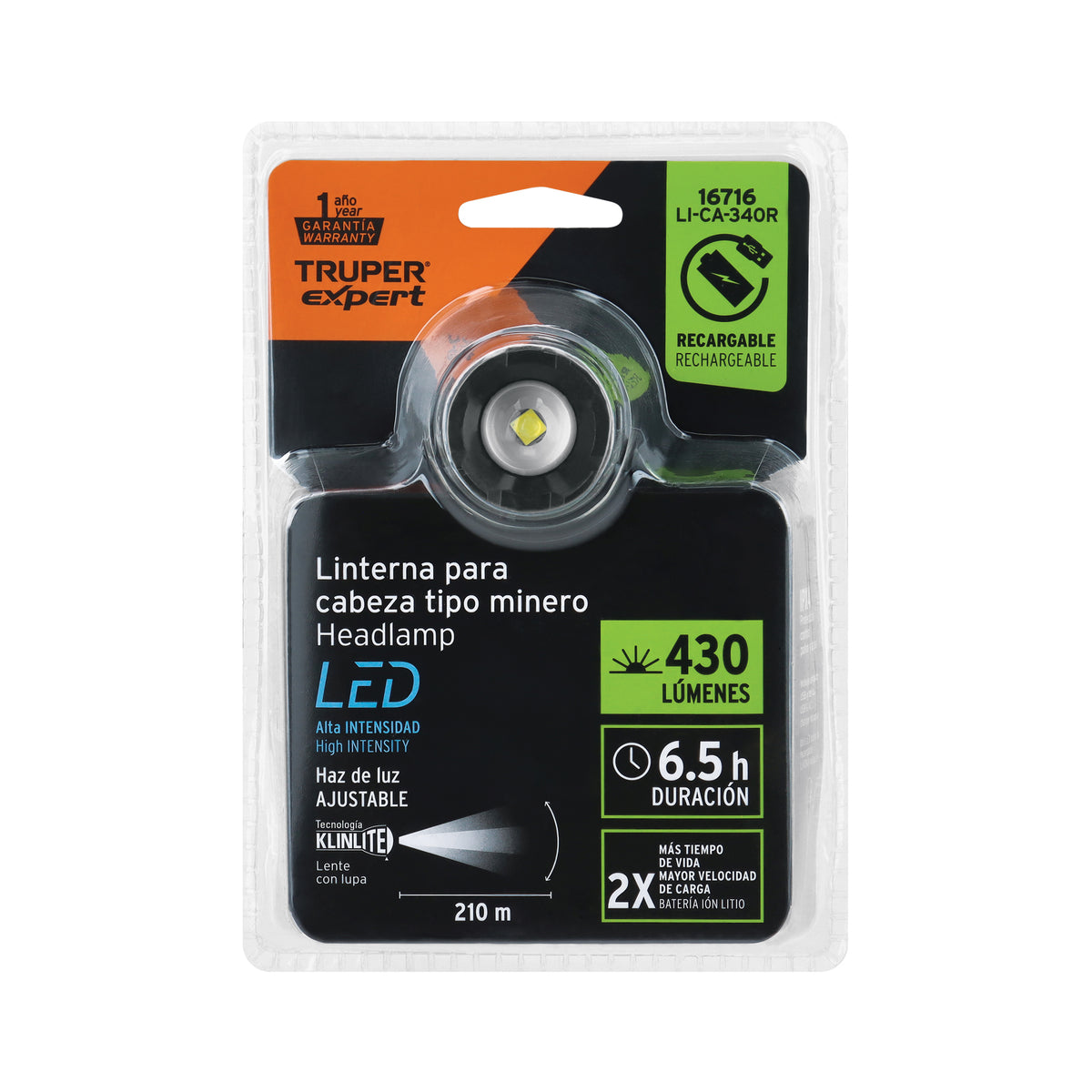 Linterna para cabeza, 430 lúmenes, recargable, 1 led