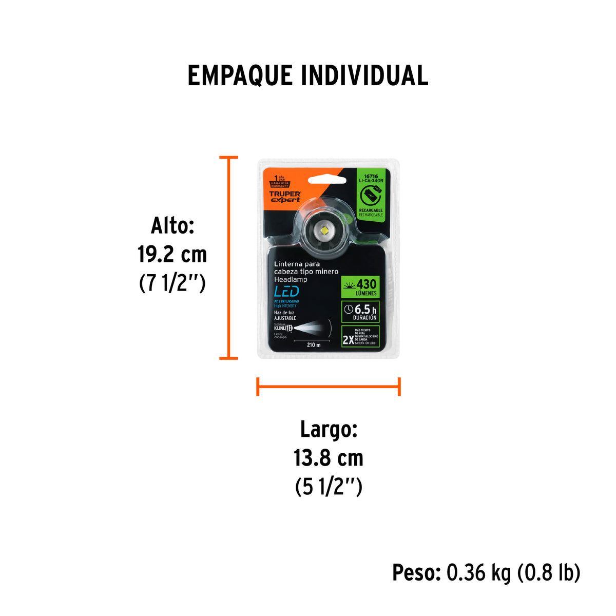 Linterna para cabeza, 430 lúmenes, recargable, 1 led