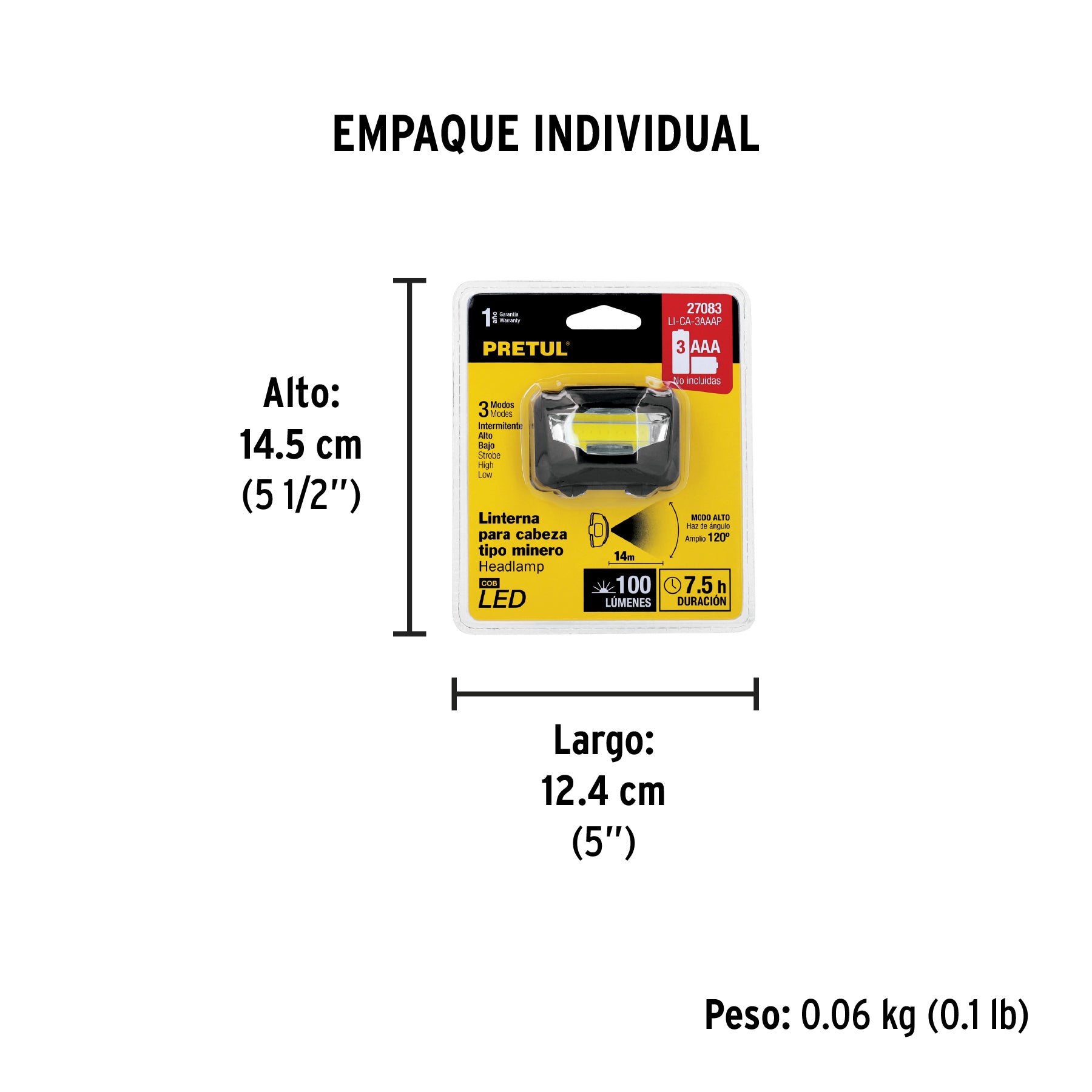 Linterna para cabeza, 3 pilas AAA, 28 lúmenes, 3 LED, Pretul
