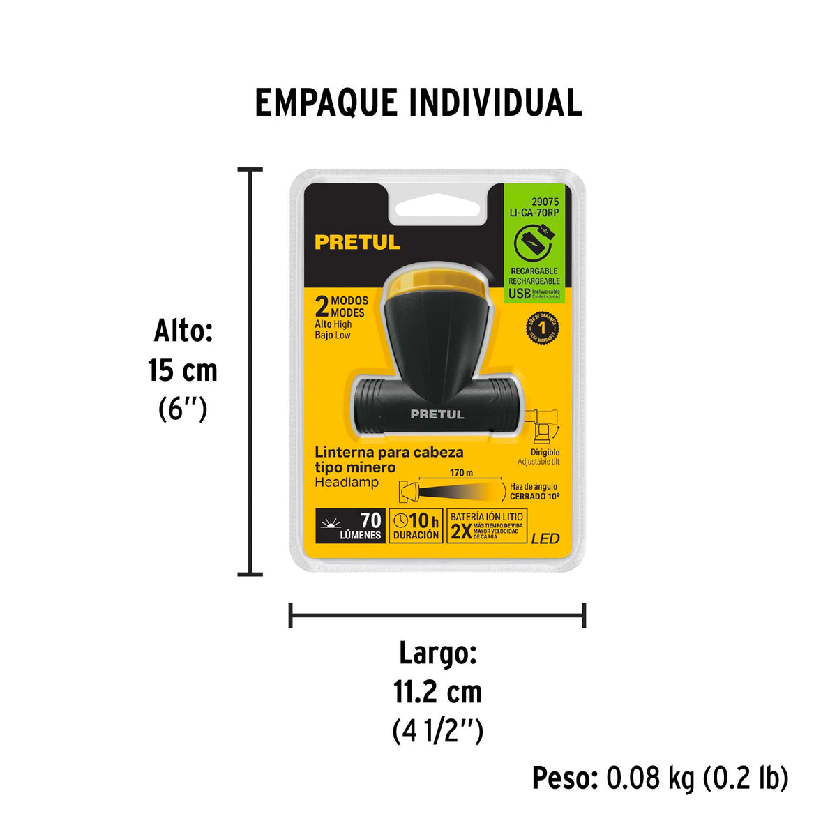 Linterna de minero LED, 70 lm, recargable, PRETUL
