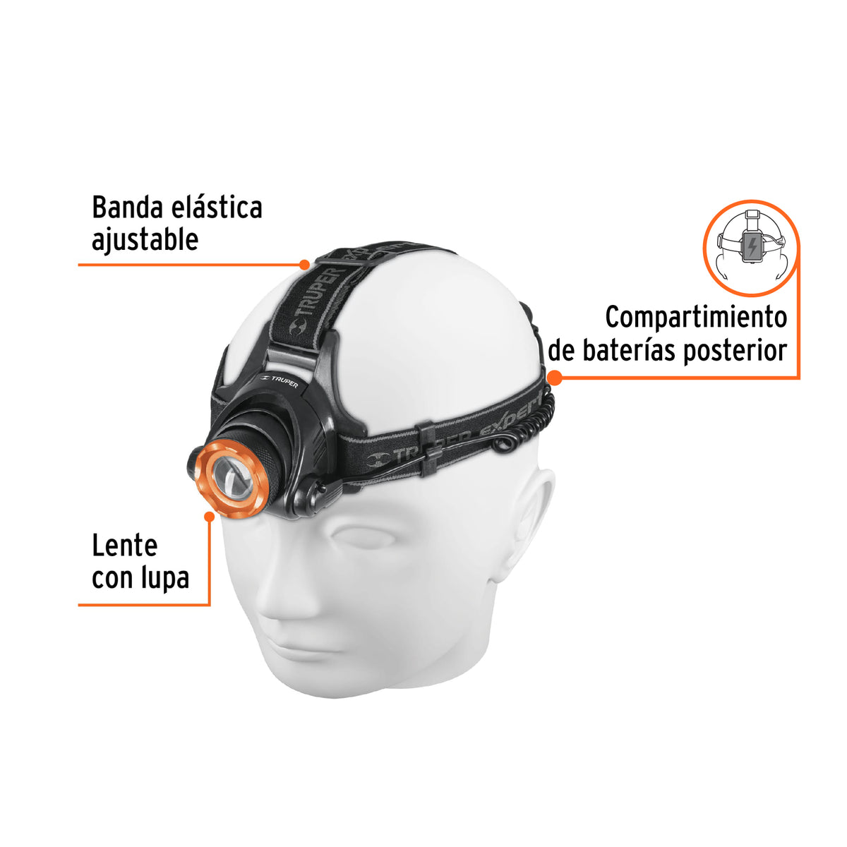 Linterna para cabeza, 4 pilas AA, 800 lúmenes, 1 LED, Expert