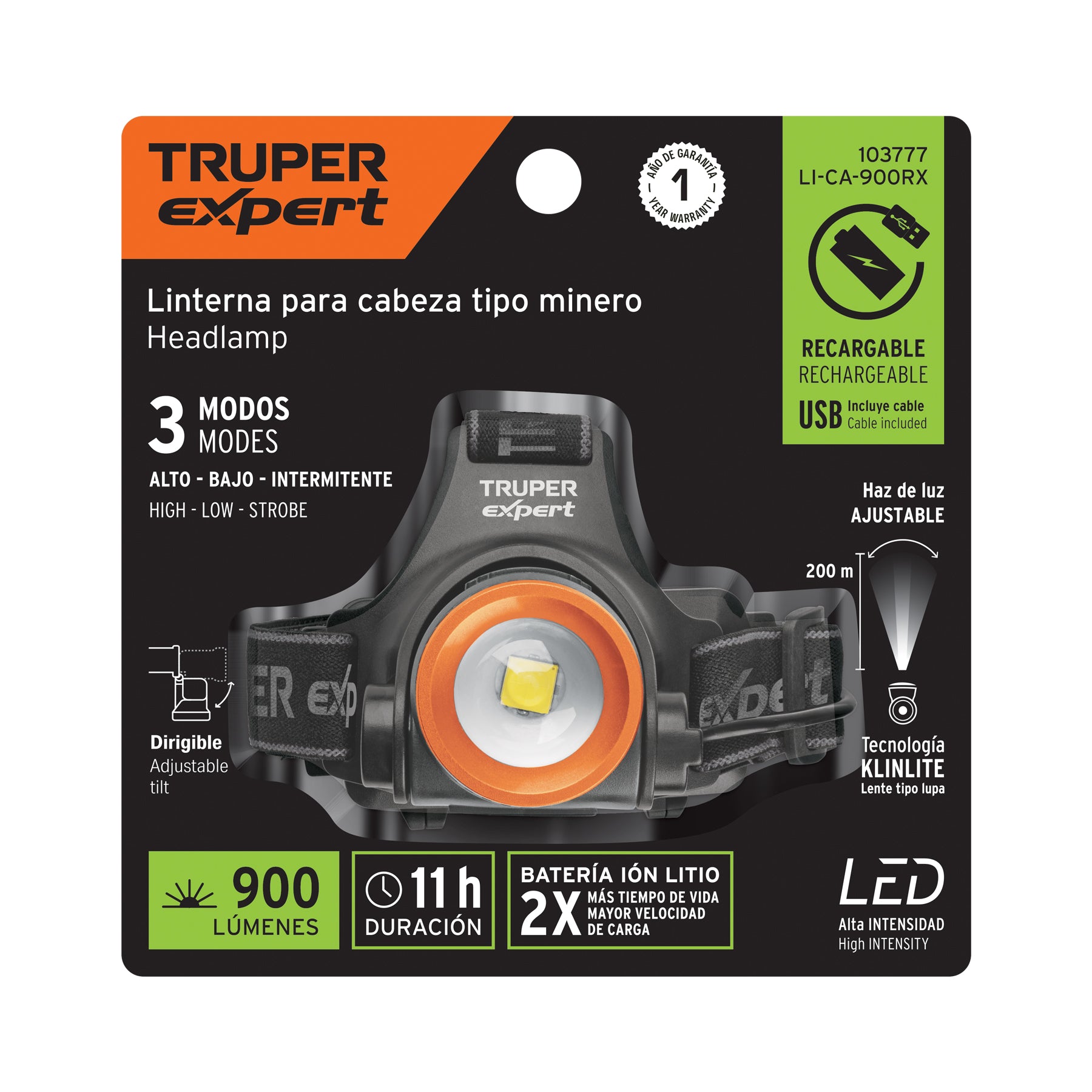 Linterna de minero LED 1100 lm, recargable, TRUPER EXPERT