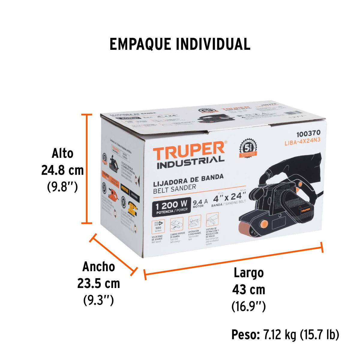 Lijadora de banda 4 x 24", 1200W, TRUPER INDUSTRIAL