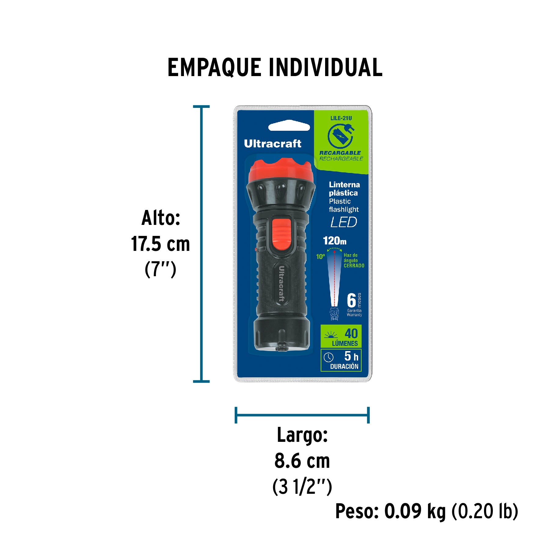Linterna recargable de Led, 40 lúmenes, Ultra