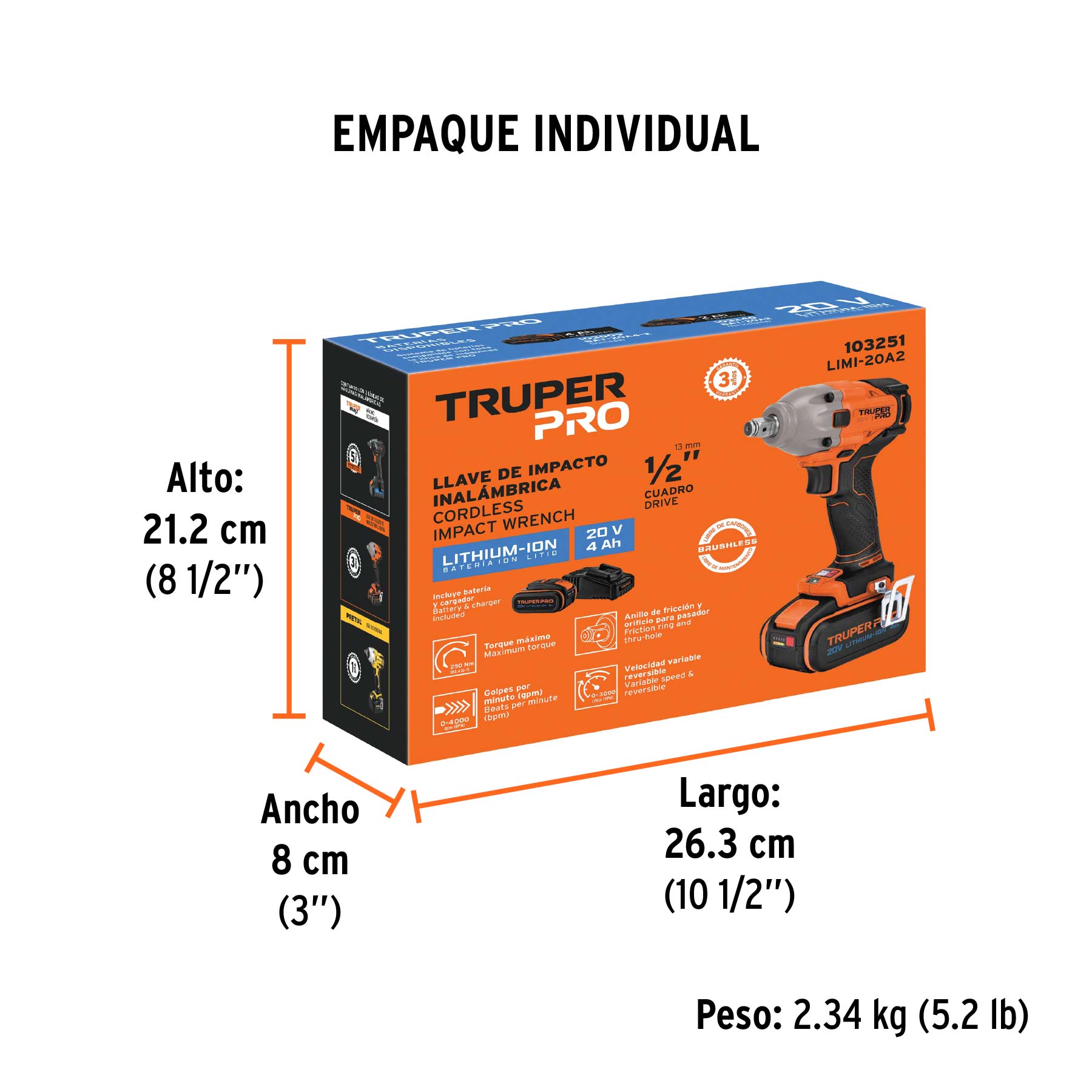 Llave impacto inal.1/2', 20V, 1 bat. 4Ah, 1 carg. TRUPER PRO