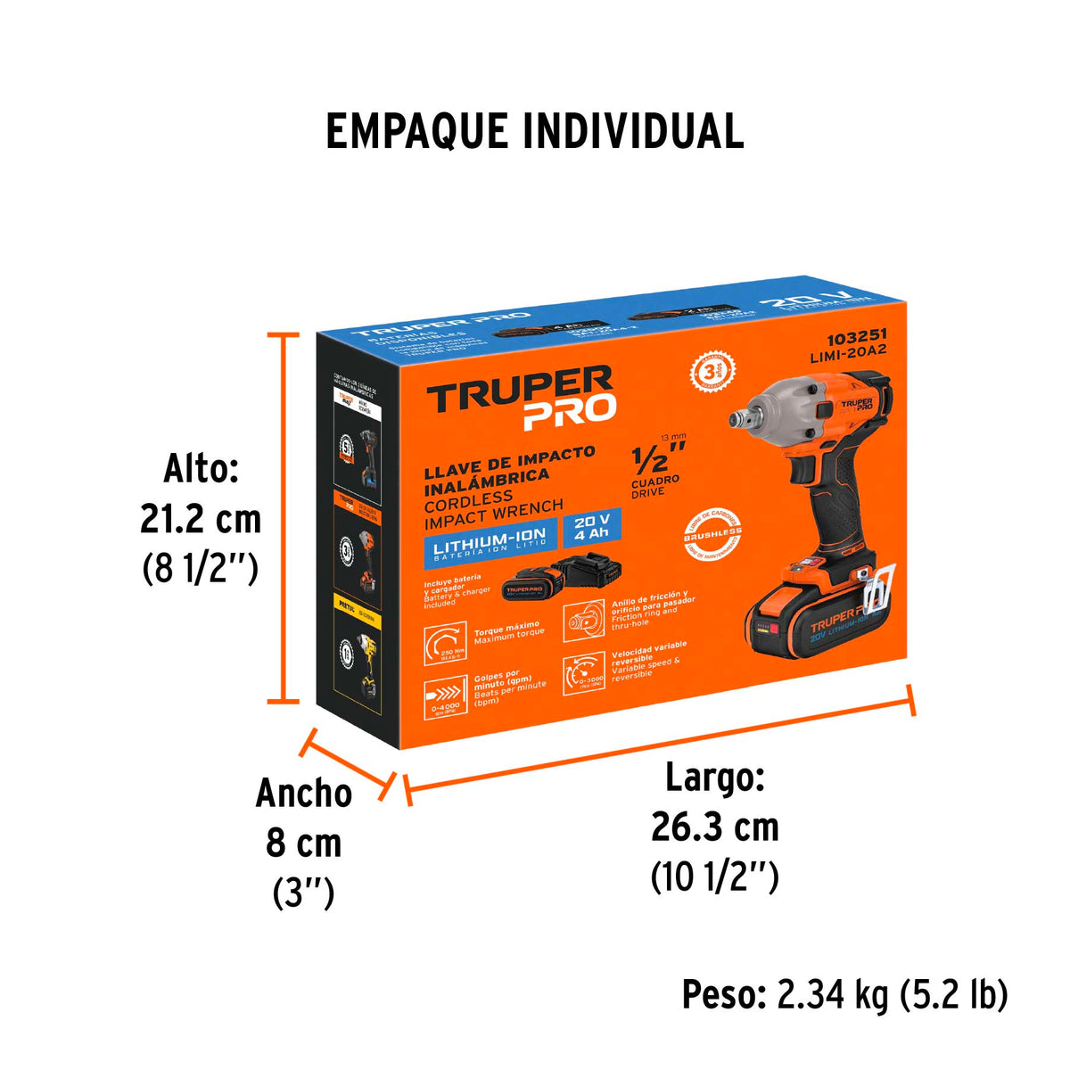 Llave impacto inal.1/2', 20V, 1 bat. 4Ah, 1 carg. TRUPER PRO