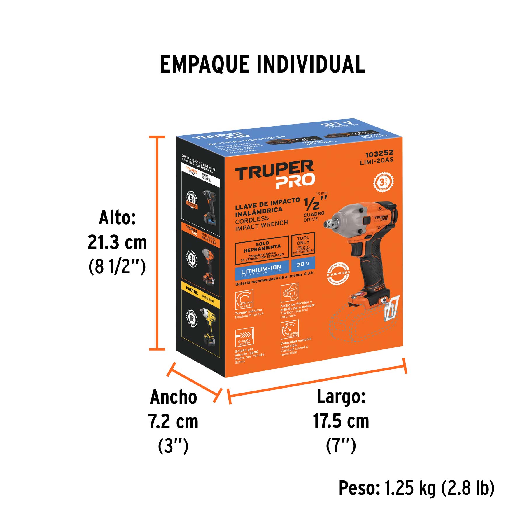 Llave impacto inal.1/2', 20V, s/accesorios, TRUPER PRO