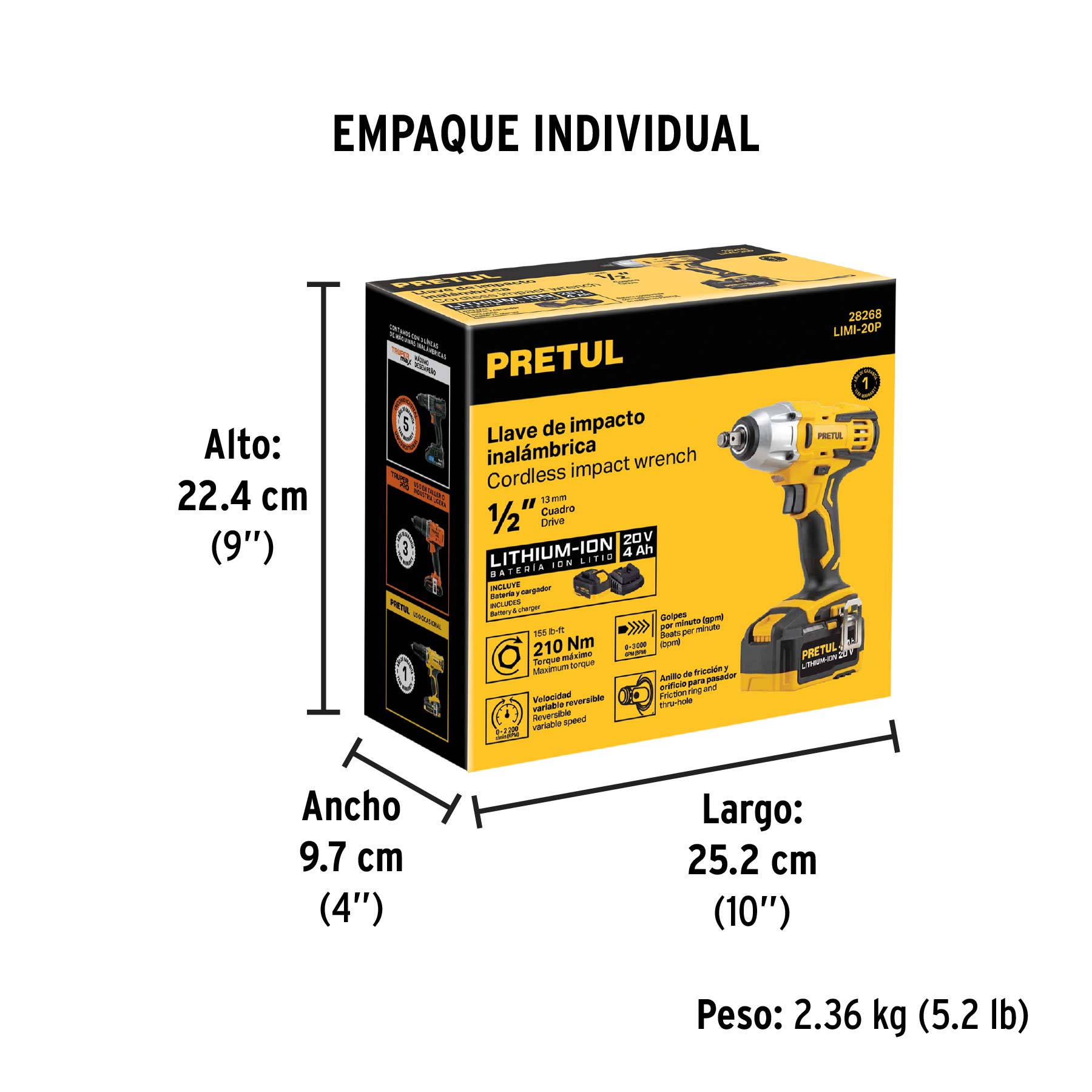 Llave de impacto inalámbrica 1/2', 20 V, Pretul