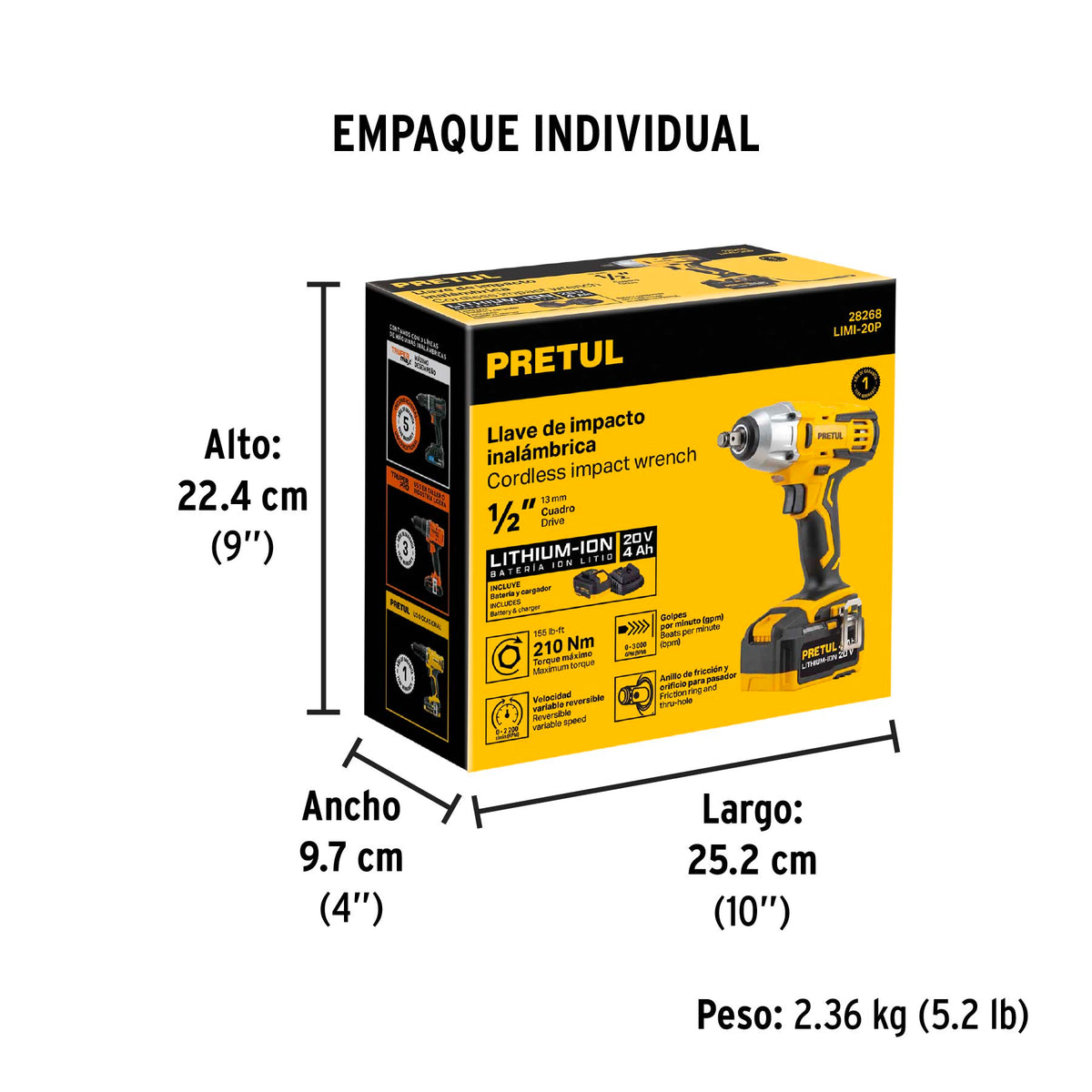 Llave de impacto inalámbrica 1/2', 20 V, Pretul