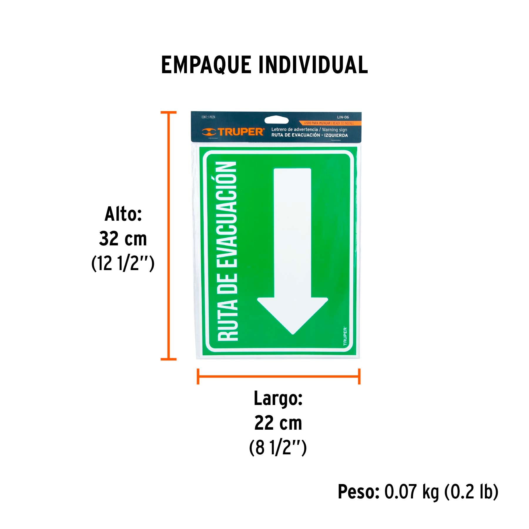 Letrero de señalización "RUTA EVACUACIÓN IZQUIERDA",21x28 cm