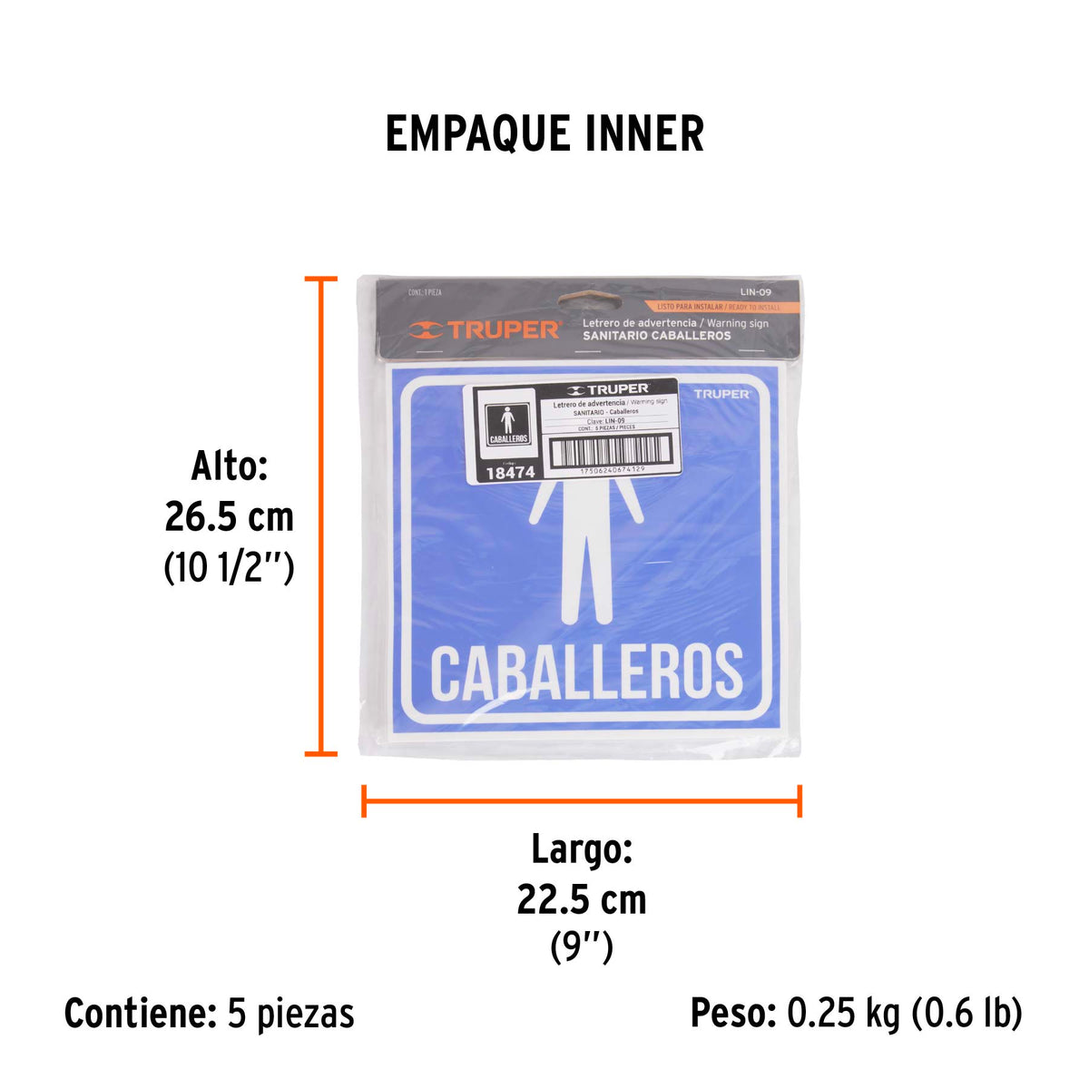 Letrero de señalización "CABALLEROS", 19 x 19 cm